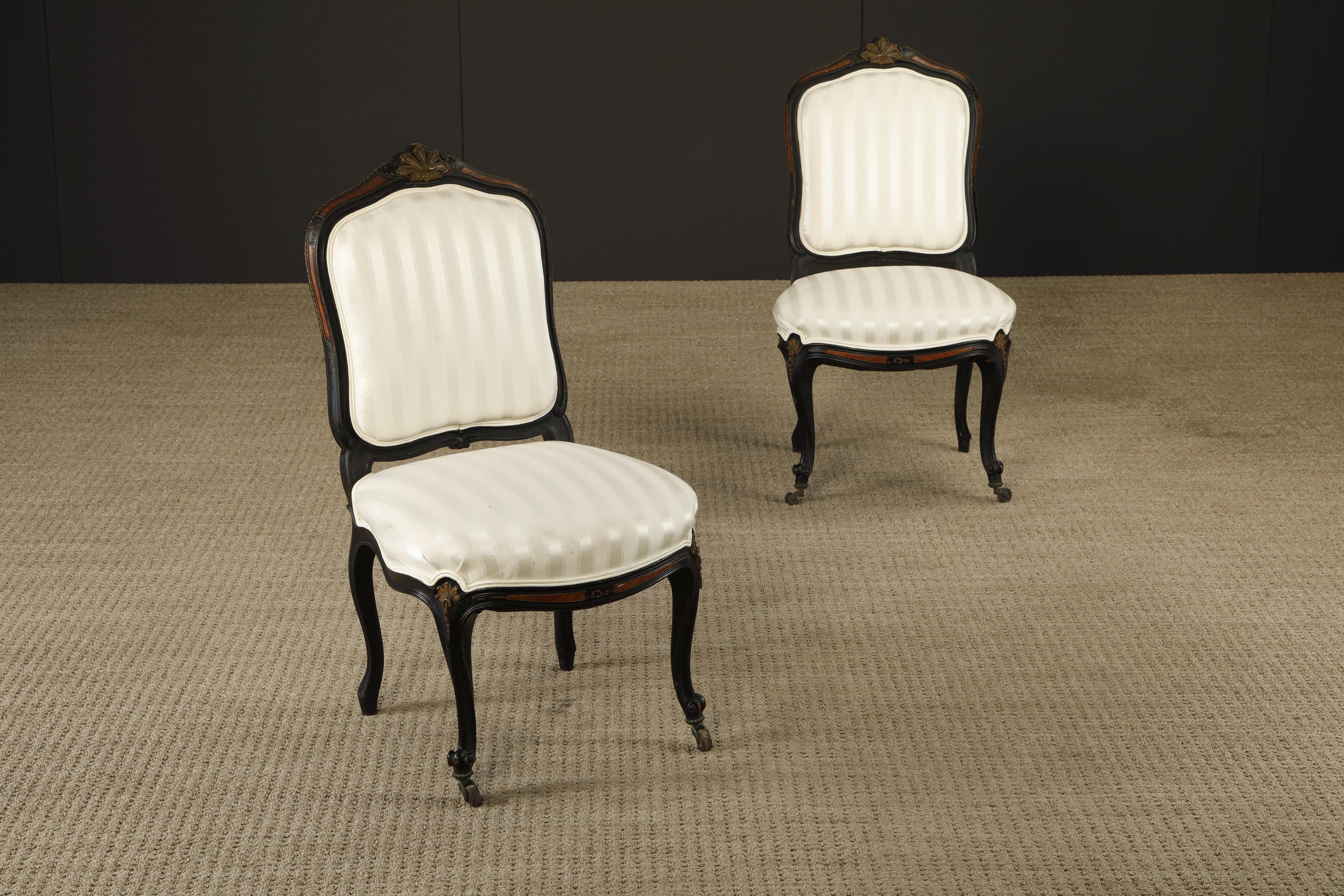 Pair of 1890s French Louis XV Carved, Gilt, Ebonized, and Upholstered Chairs For Sale 1