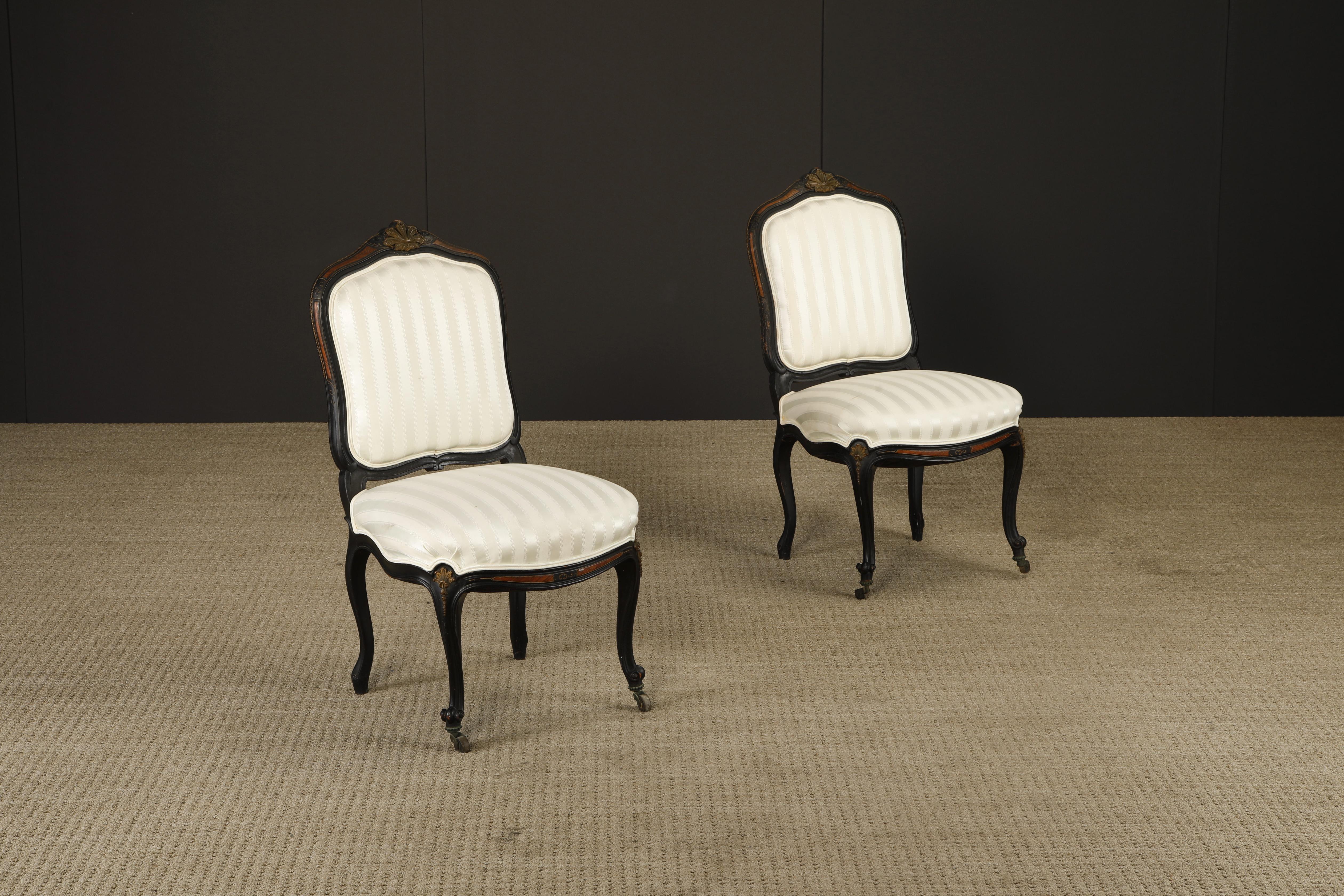 Pair of 1890s French Louis XV Carved, Gilt, Ebonized, and Upholstered Chairs For Sale 3