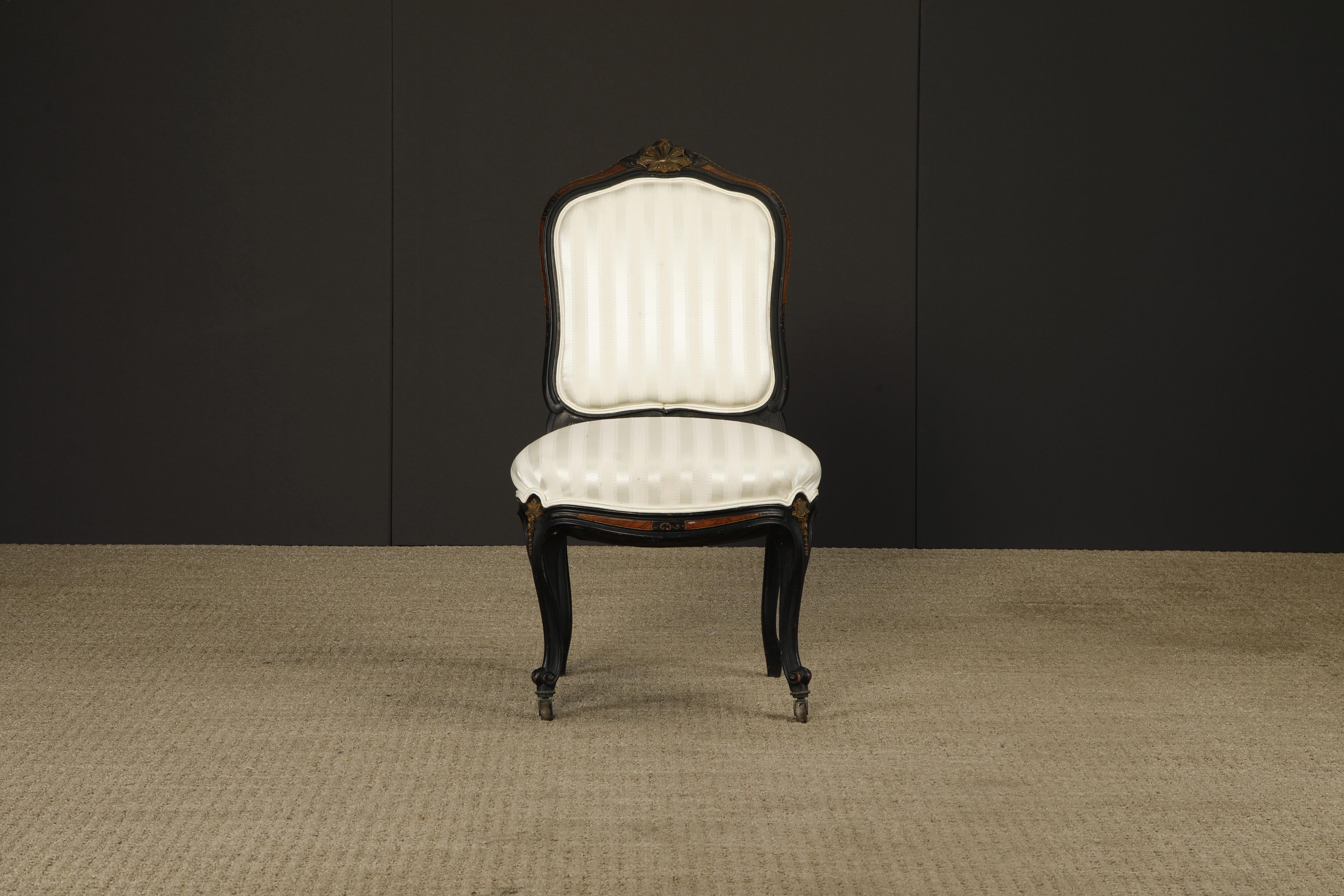 Pair of 1890s French Louis XV Carved, Gilt, Ebonized, and Upholstered Chairs For Sale 4