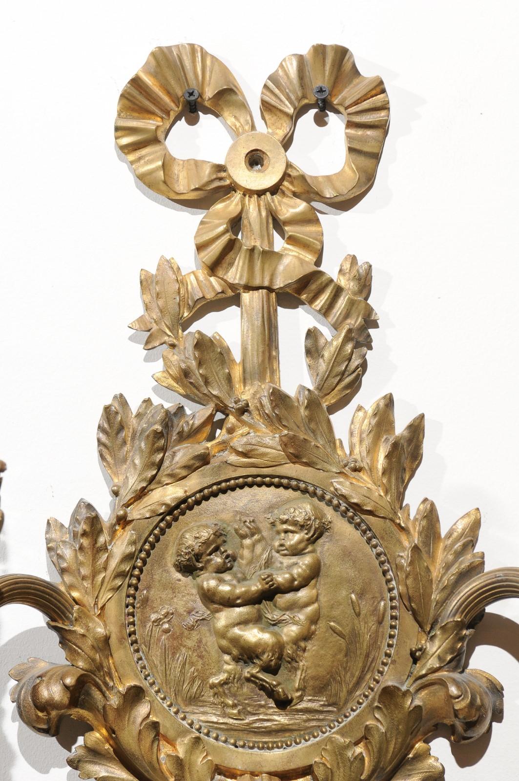 Pair of 1890s French Two-Light Brass Sconces with Ribbon, Cherubs and Satyrs For Sale 7