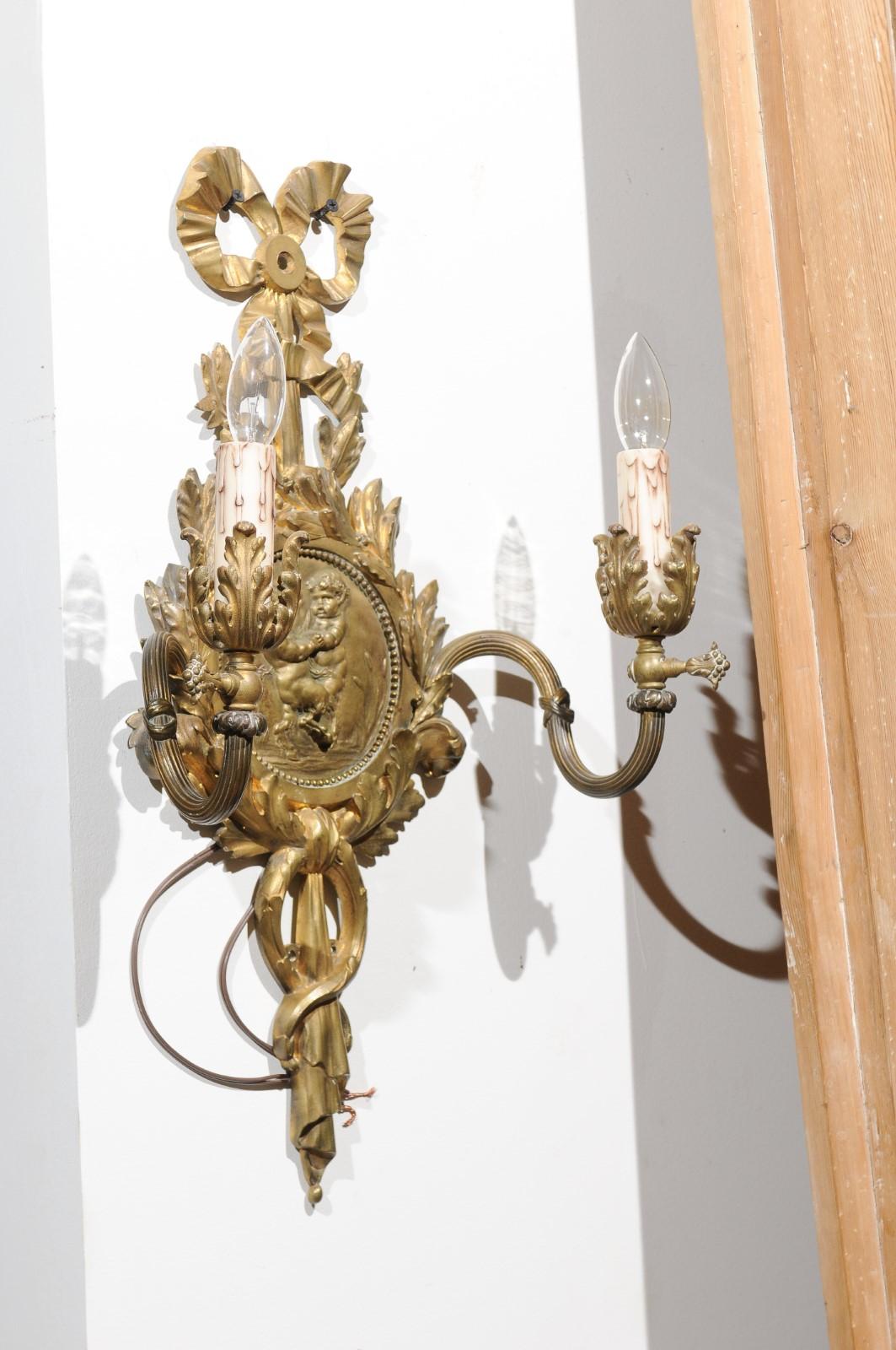 Pair of 1890s French Two-Light Brass Sconces with Ribbon, Cherubs and Satyrs For Sale 8
