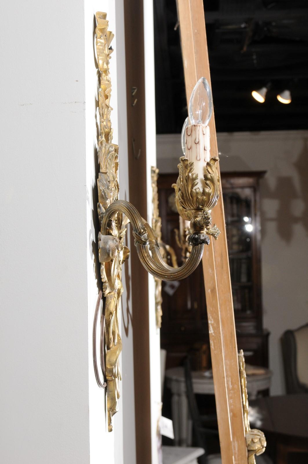 Pair of 1890s French Two-Light Brass Sconces with Ribbon, Cherubs and Satyrs For Sale 9