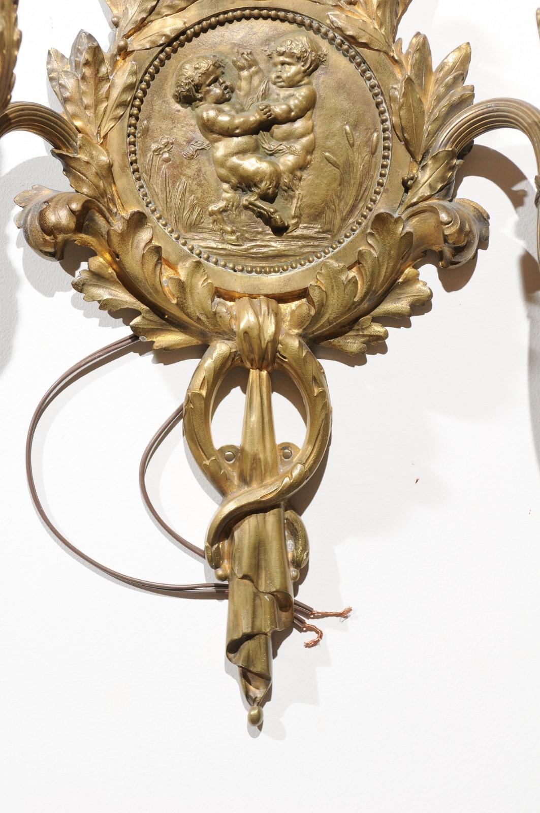 Pair of 1890s French Two-Light Brass Sconces with Ribbon, Cherubs and Satyrs For Sale 5