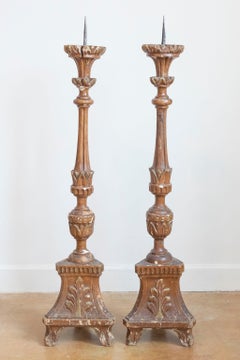 Pair of 1890s Grand Scale French Painted Candlesticks with Distressed Patina