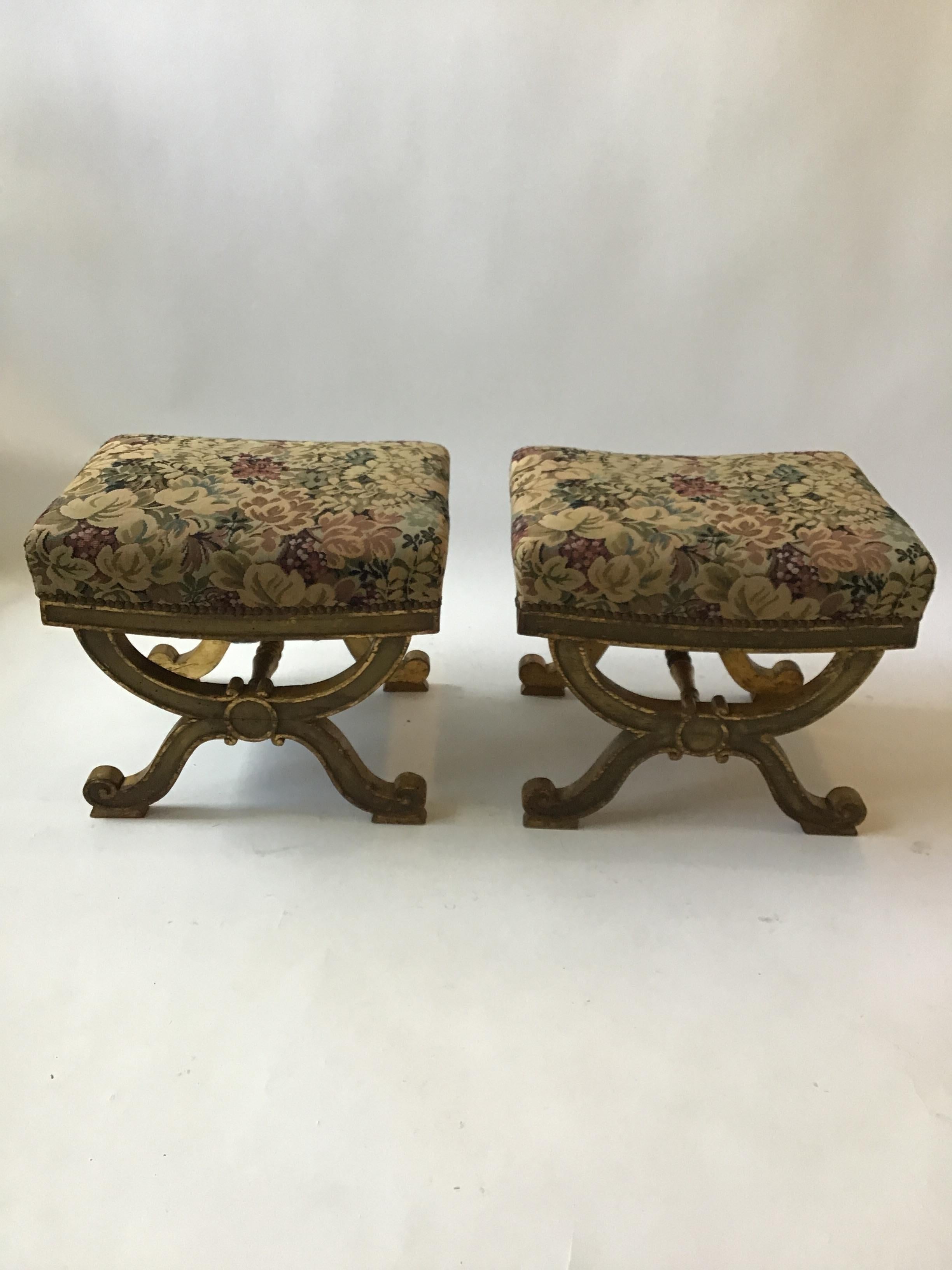 Pair of 1890s Italian classical giltwood benches. Needs reupholstering. From a Southampton estate.