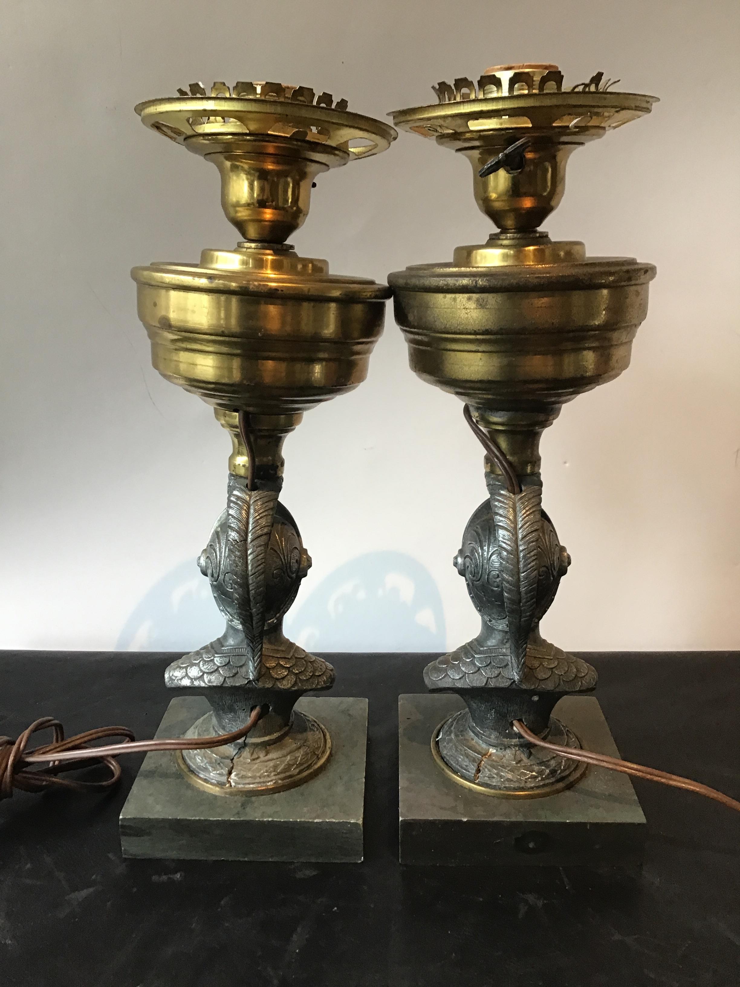 Pair of 1890s Knight Lamps on Stone Bases In Fair Condition In Tarrytown, NY
