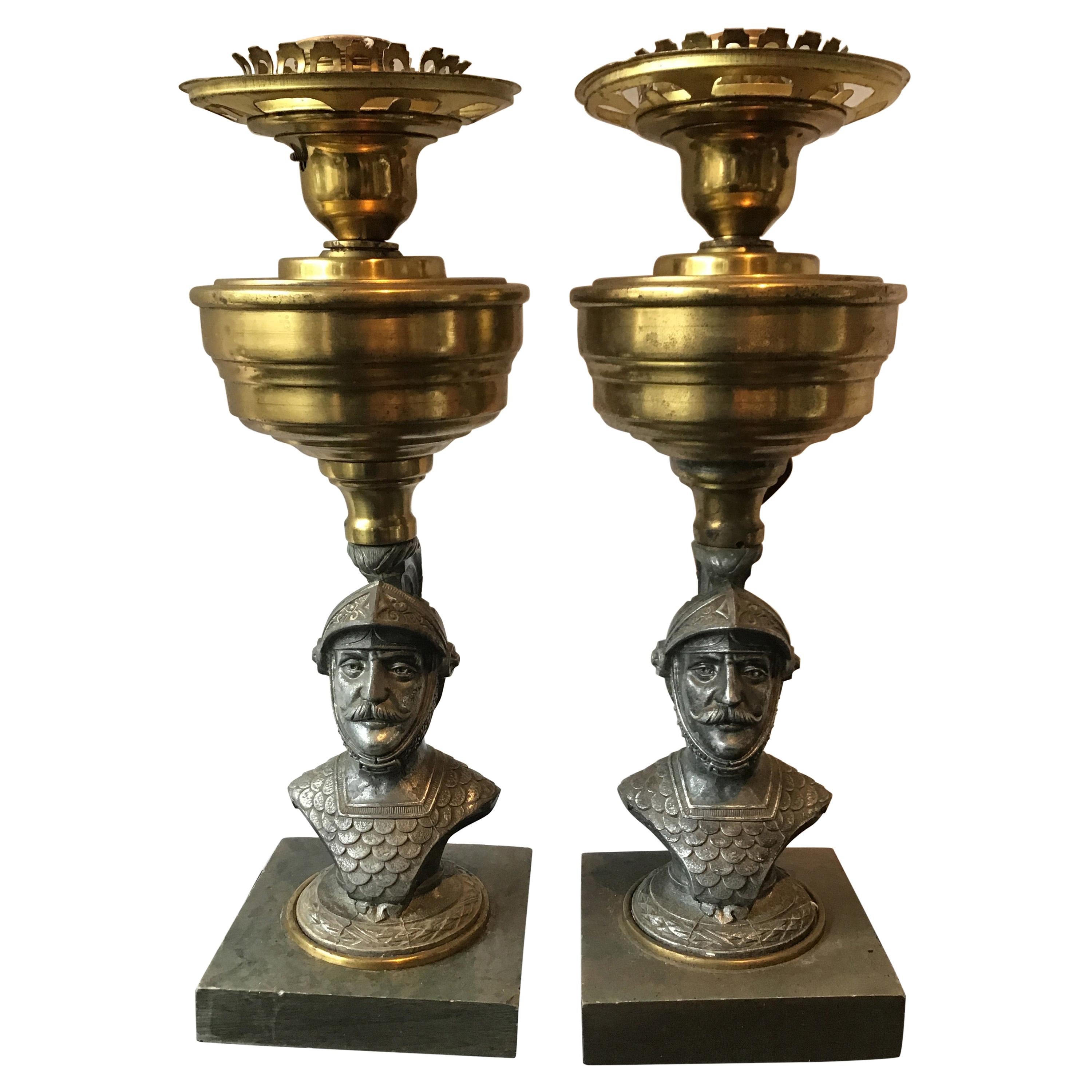 Pair of 1890s Knight Lamps on Stone Bases