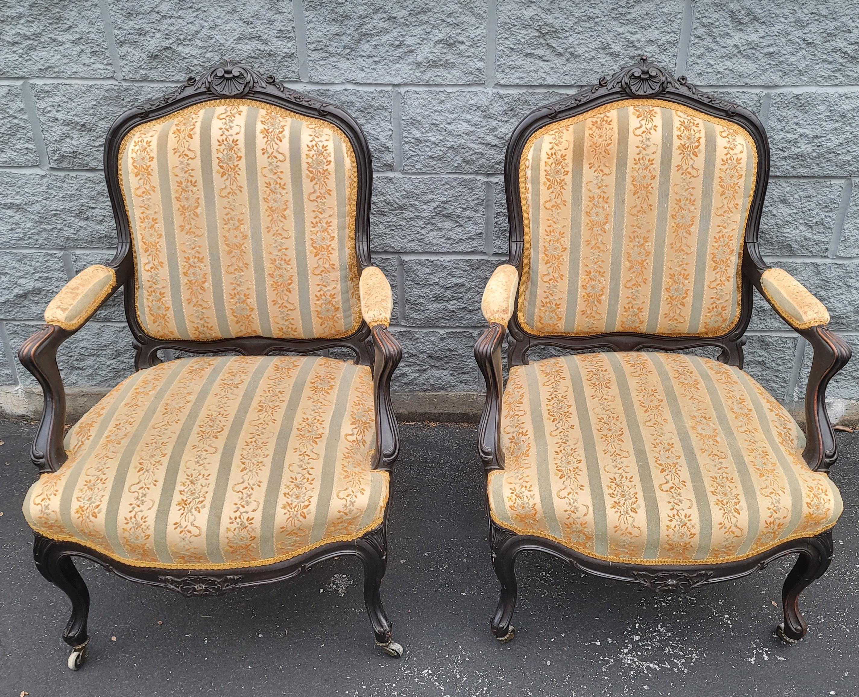 Pair of  1890s Louis XV Carved, Ebonized and Upholstered Bergere  Arm Chairs For Sale 5