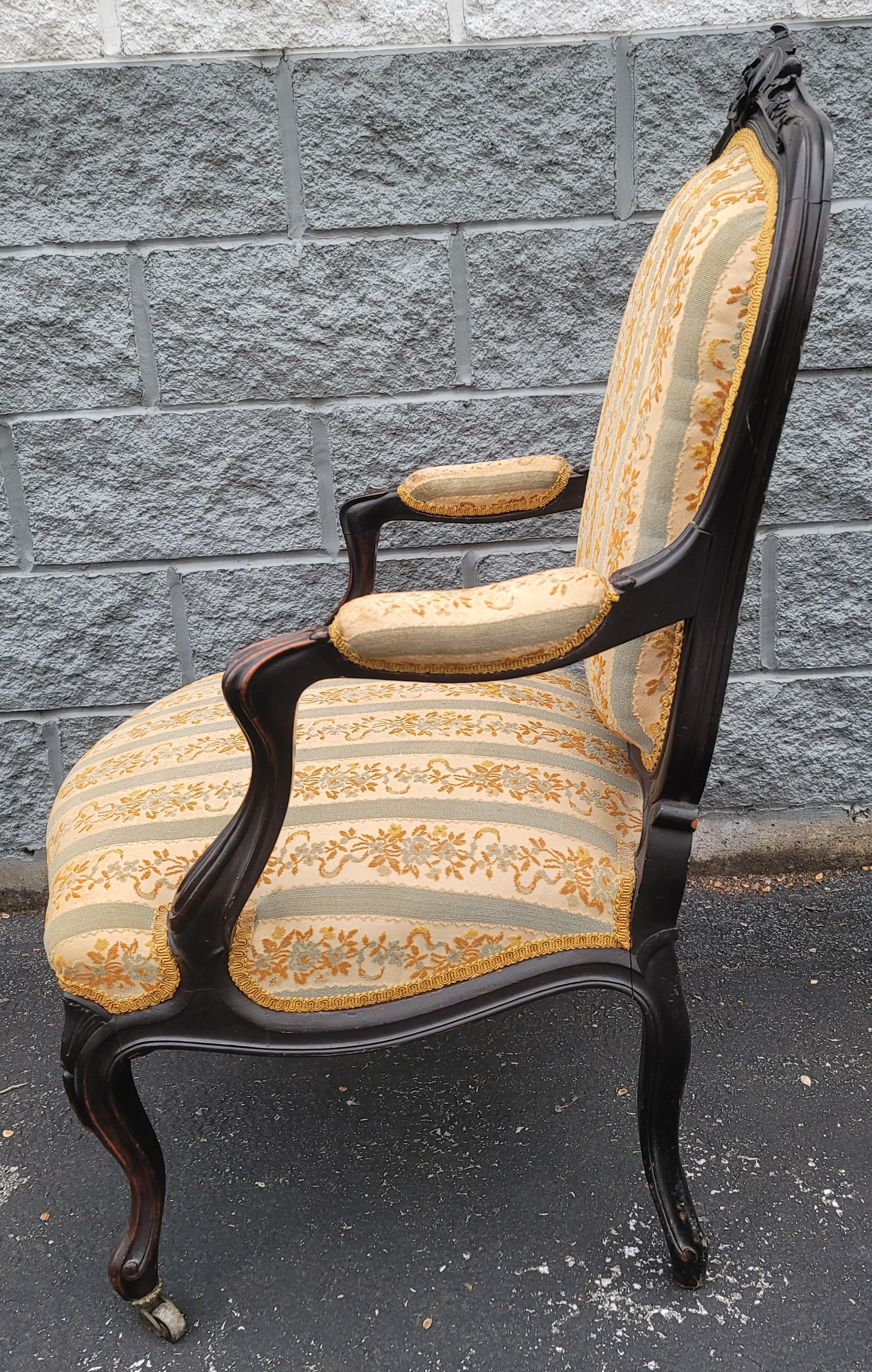 Pair of  1890s Louis XV Carved, Ebonized and Upholstered Bergere  Arm Chairs In Good Condition For Sale In Germantown, MD