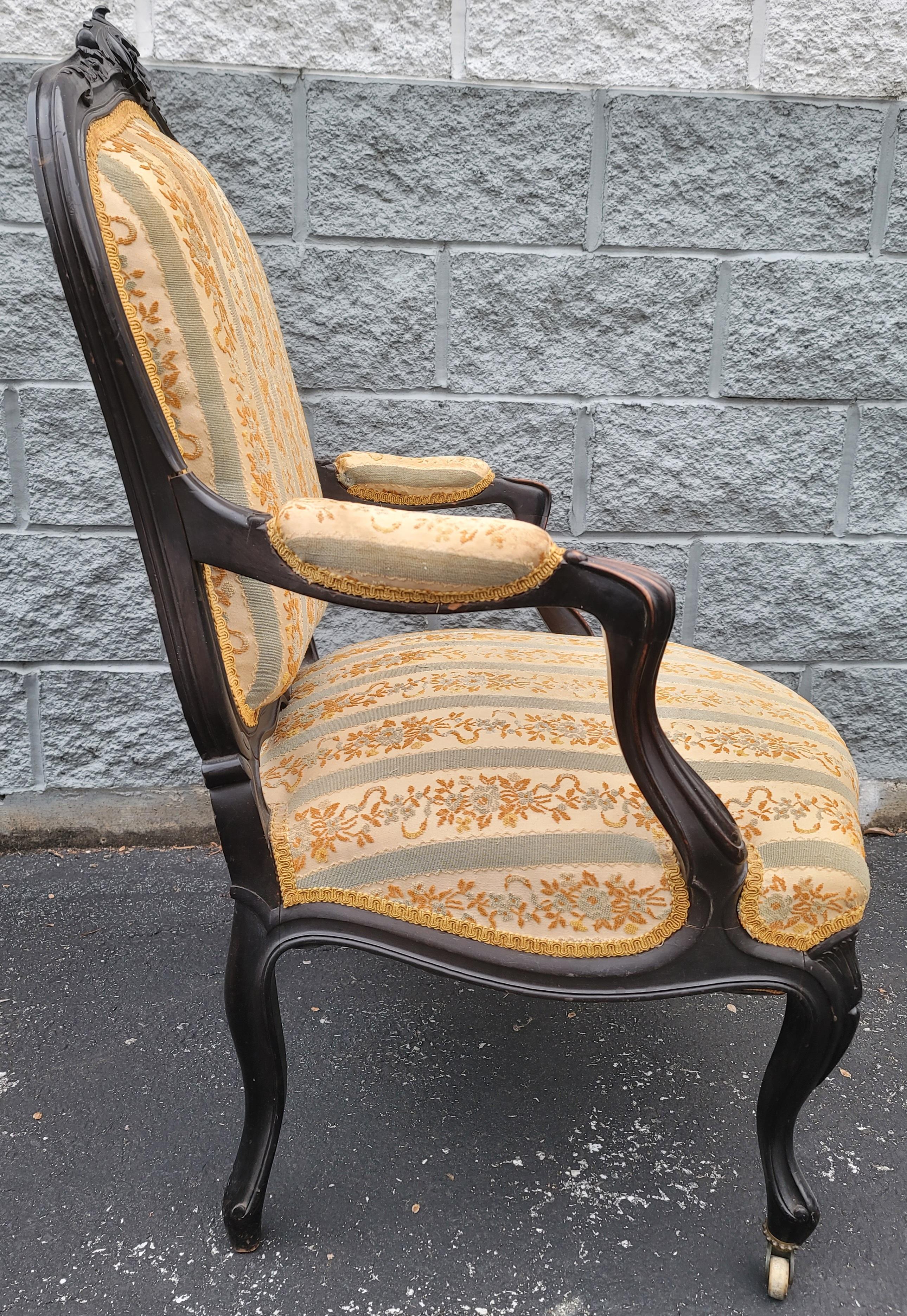 19th Century Pair of  1890s Louis XV Carved, Ebonized and Upholstered Bergere  Arm Chairs For Sale