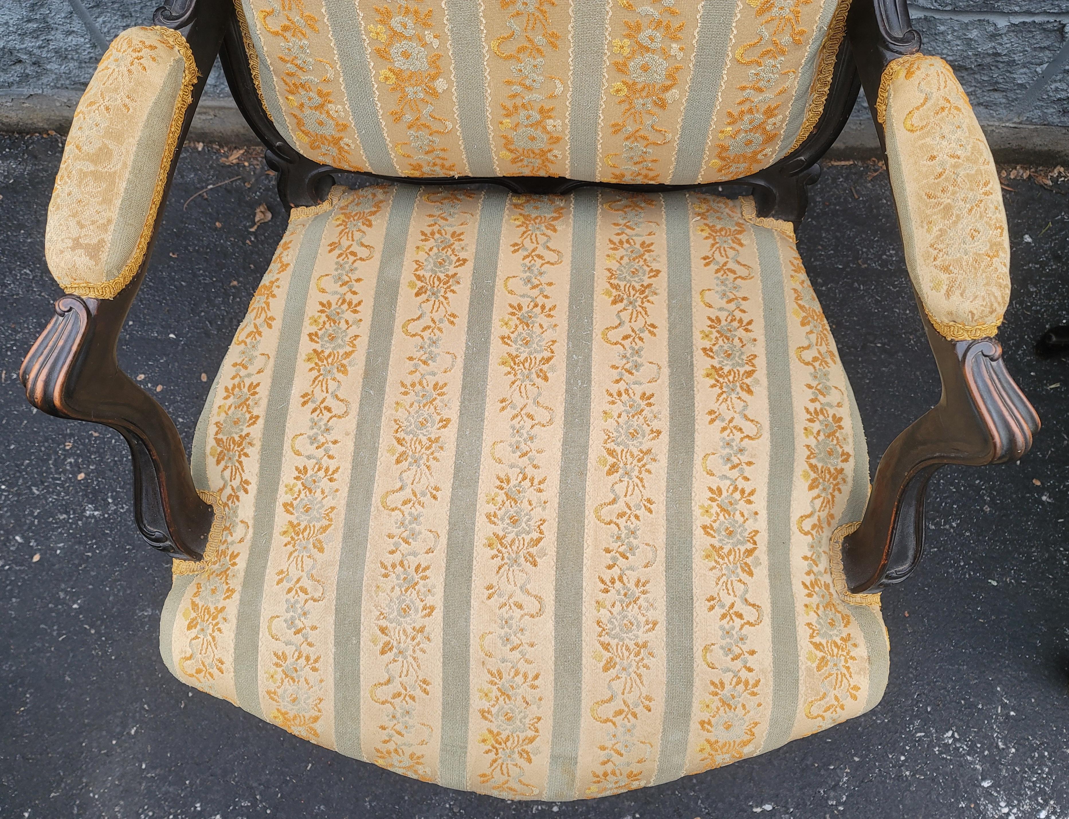 Pair of  1890s Louis XV Carved, Ebonized and Upholstered Bergere  Arm Chairs For Sale 2