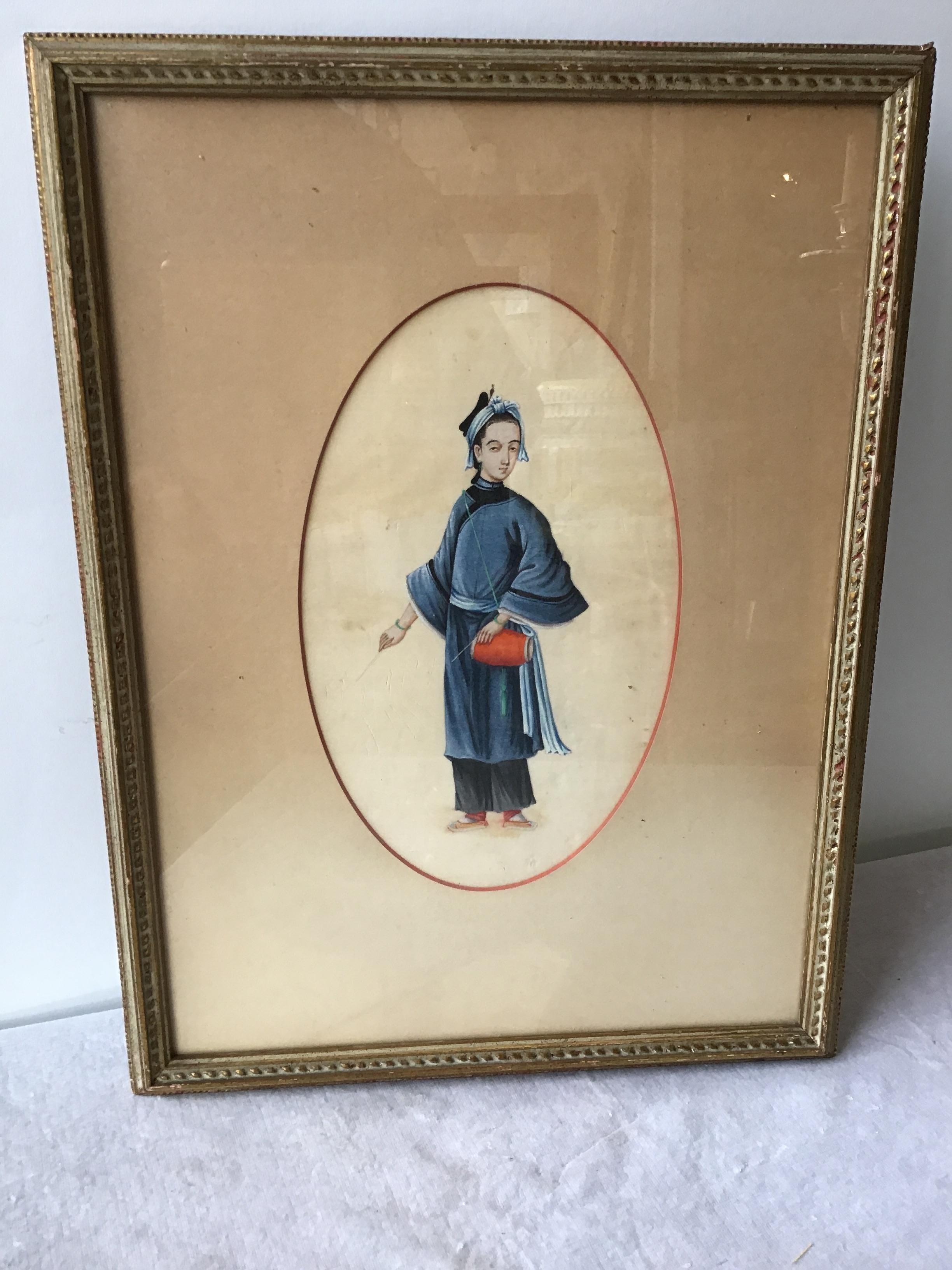 Pair of 1890s Paintings of Asian Figures In Fair Condition In Tarrytown, NY