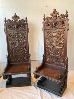 Pair Of 1890s Tall Carved Wood Gothic Chairs