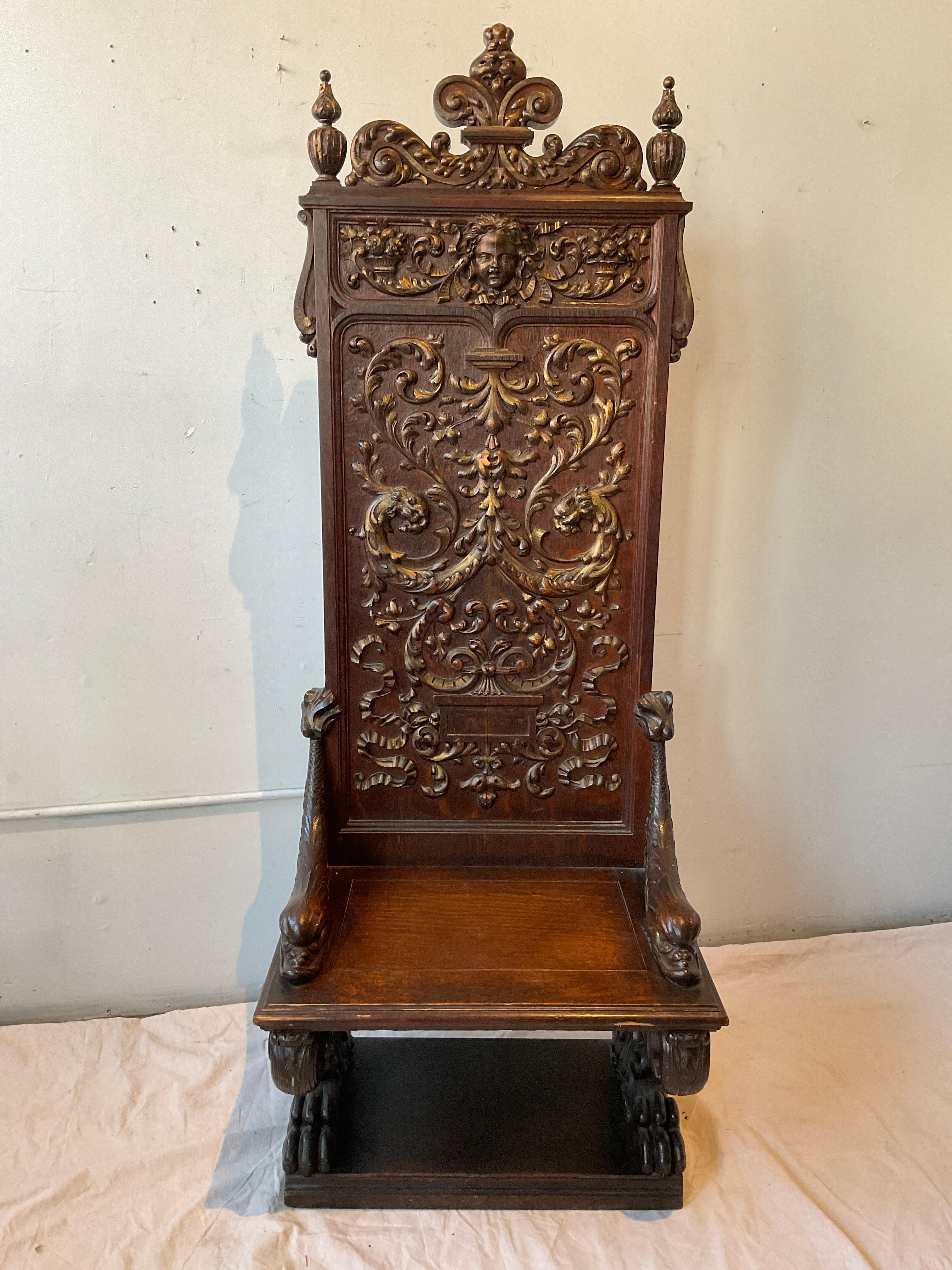 Pair Of 1890s Tall Carved Wood Gothic Chairs In Good Condition For Sale In Tarrytown, NY