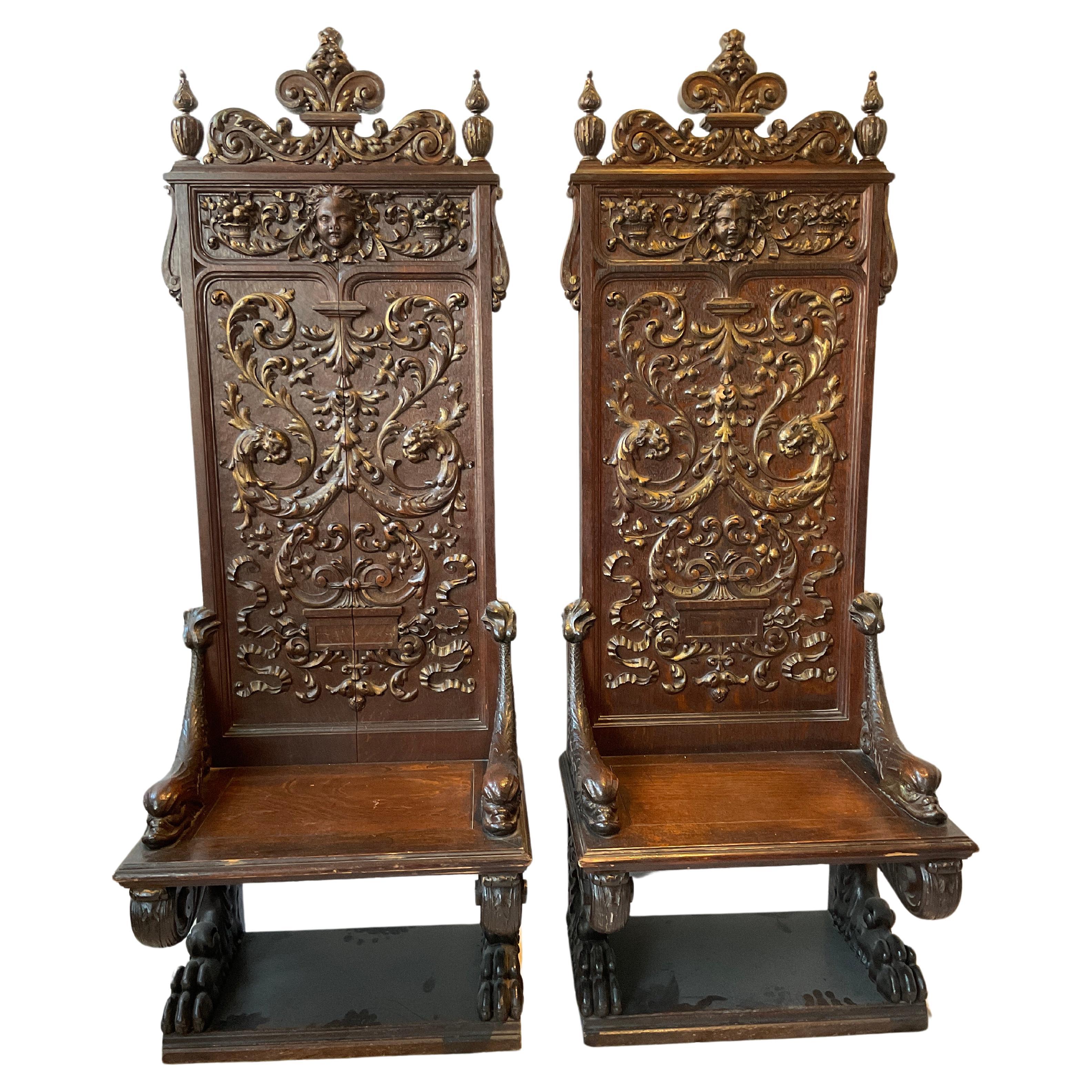 Pair Of 1890s Tall Carved Wood Gothic Chairs For Sale