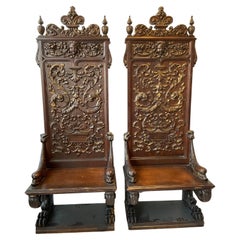 Antique Pair Of 1890s Tall Carved Wood Gothic Chairs