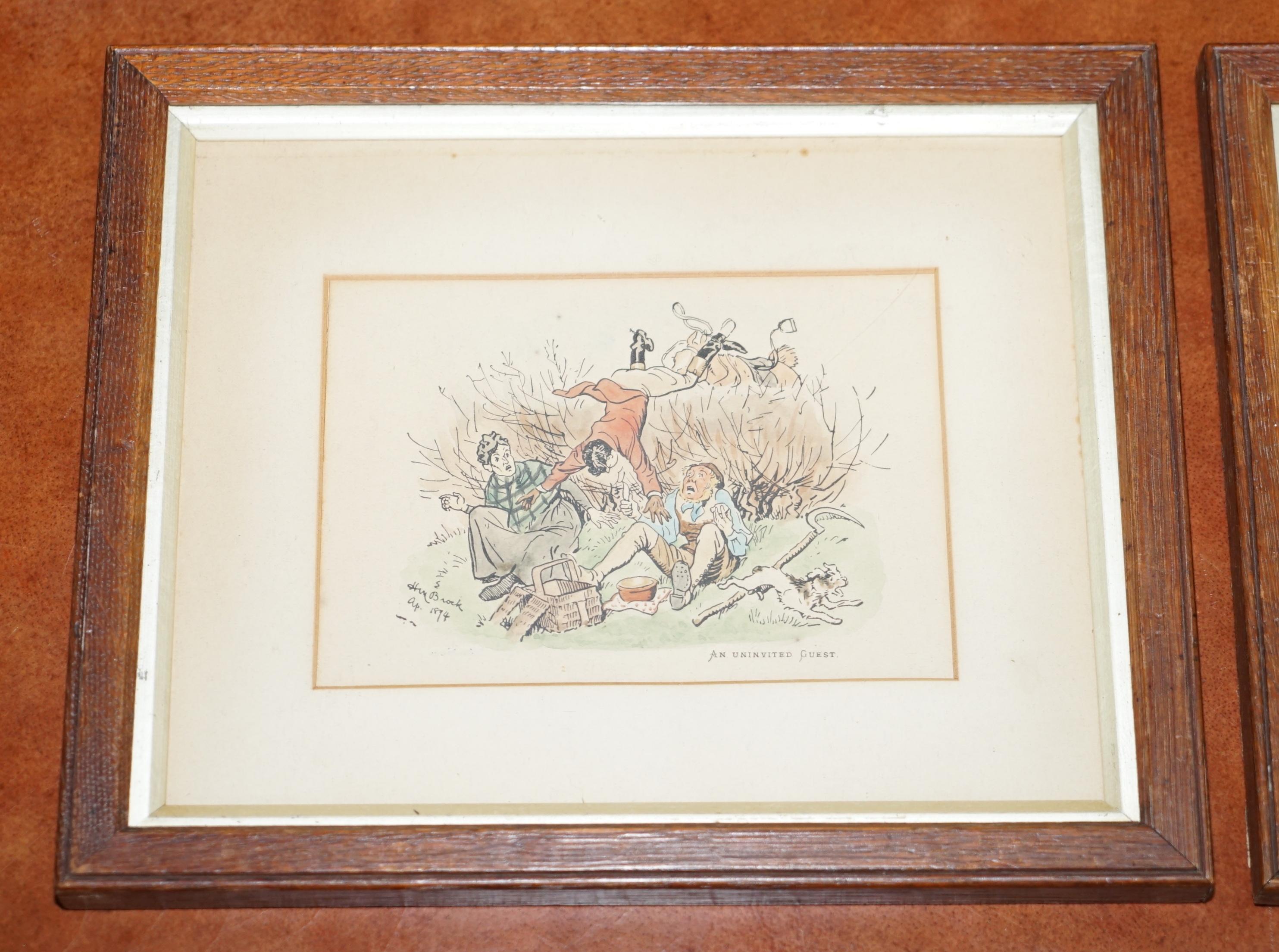 We are delighted to offer for sale this lovely pair of late Victorian watercolors signed H Brock and dated Apr 1894

The first is titled “An Uninvited Guest” and the second “A Lion In The Path” they are comical whimsey showing the Victorian