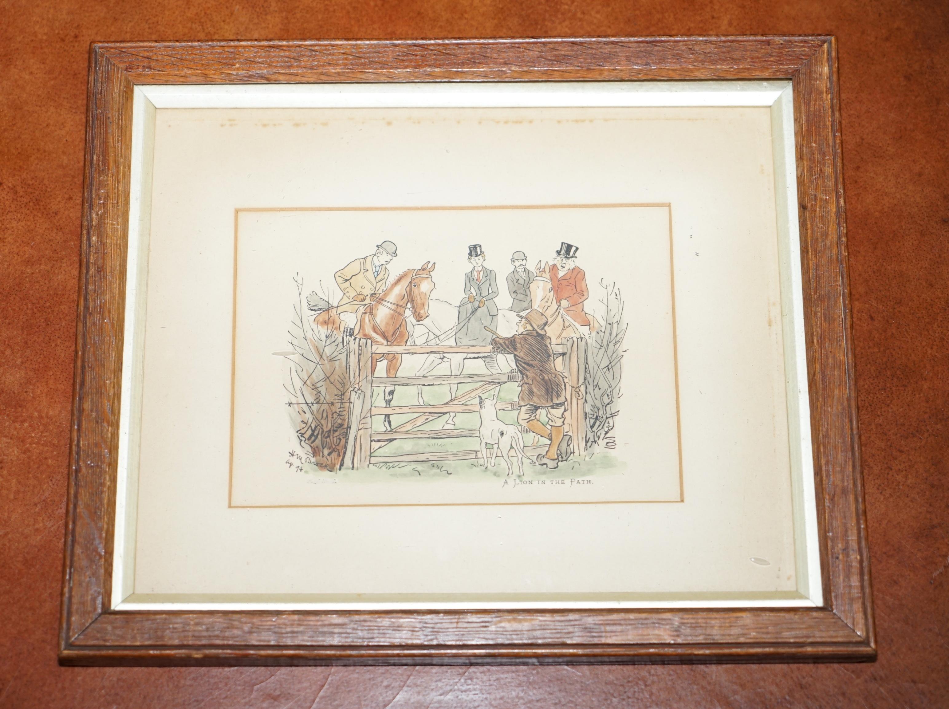 Paire de peintures à l'aquarelle de 1894 par H Brock Guest Univited, un lion dans le chemin en vente 1