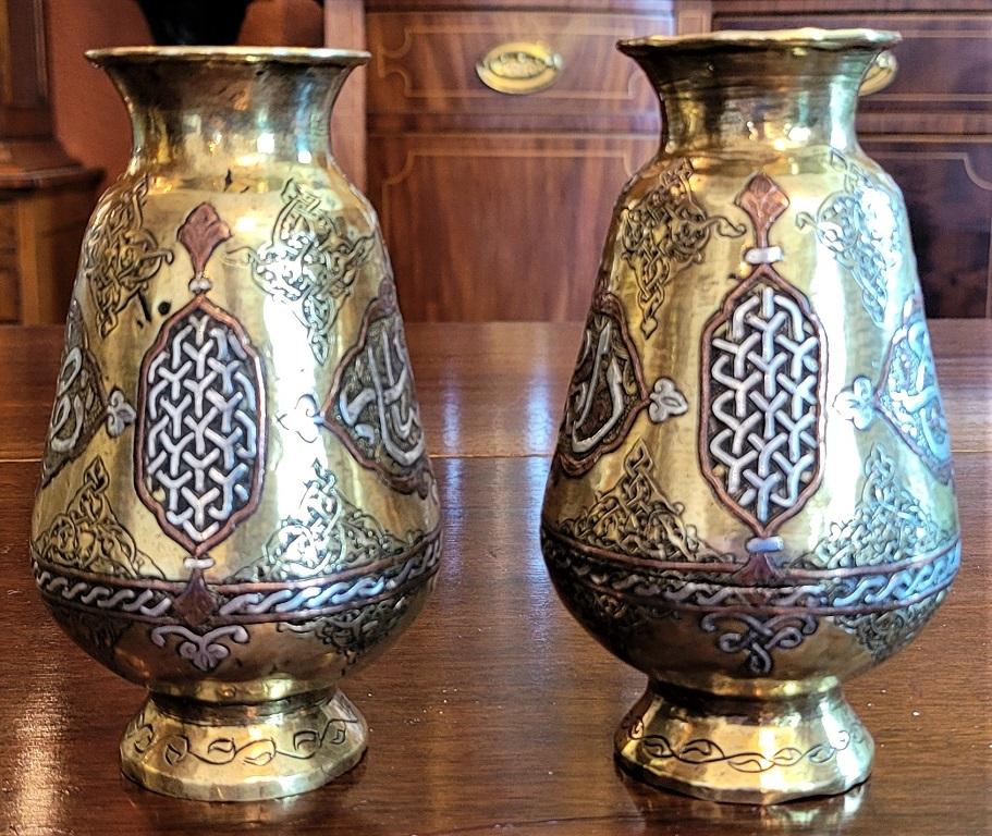 Hand-Crafted Pair of 18C Middle Eastern Damascene Vases For Sale