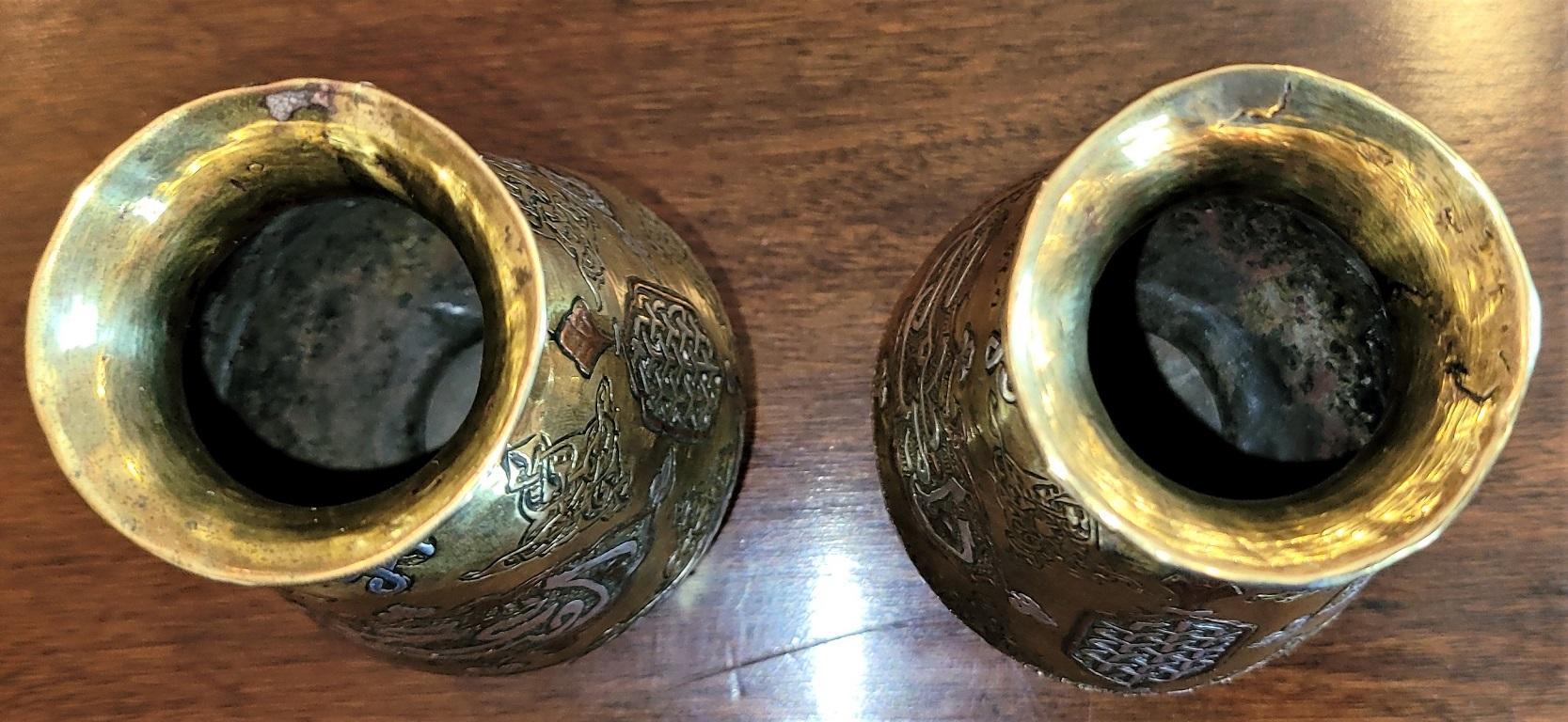 Sterling Silver Pair of 18C Middle Eastern Damascene Vases For Sale