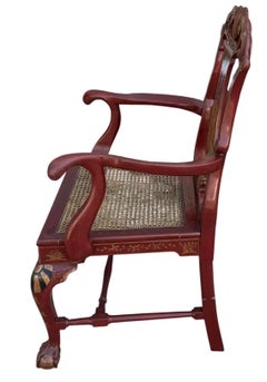 Pair of 18c Style Giles Grendey Inspired Burton-Ching Red Chinoiserie Arm Chairs