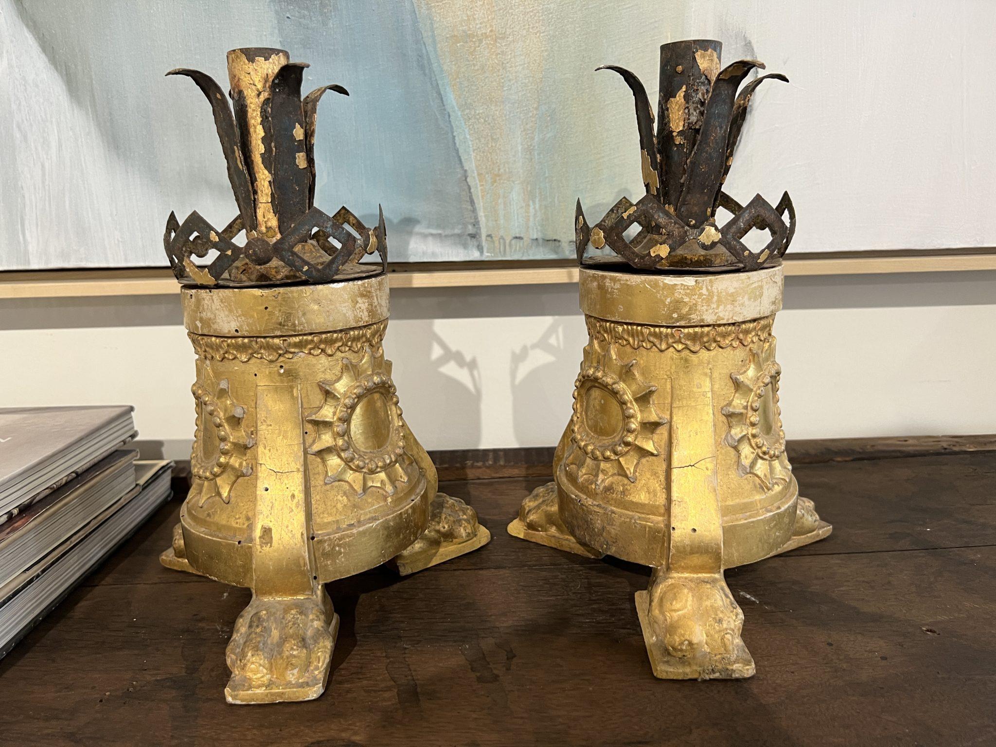 Unusual base of gilded wood with three feet and sunburst pattern. Top is decorative tole work.