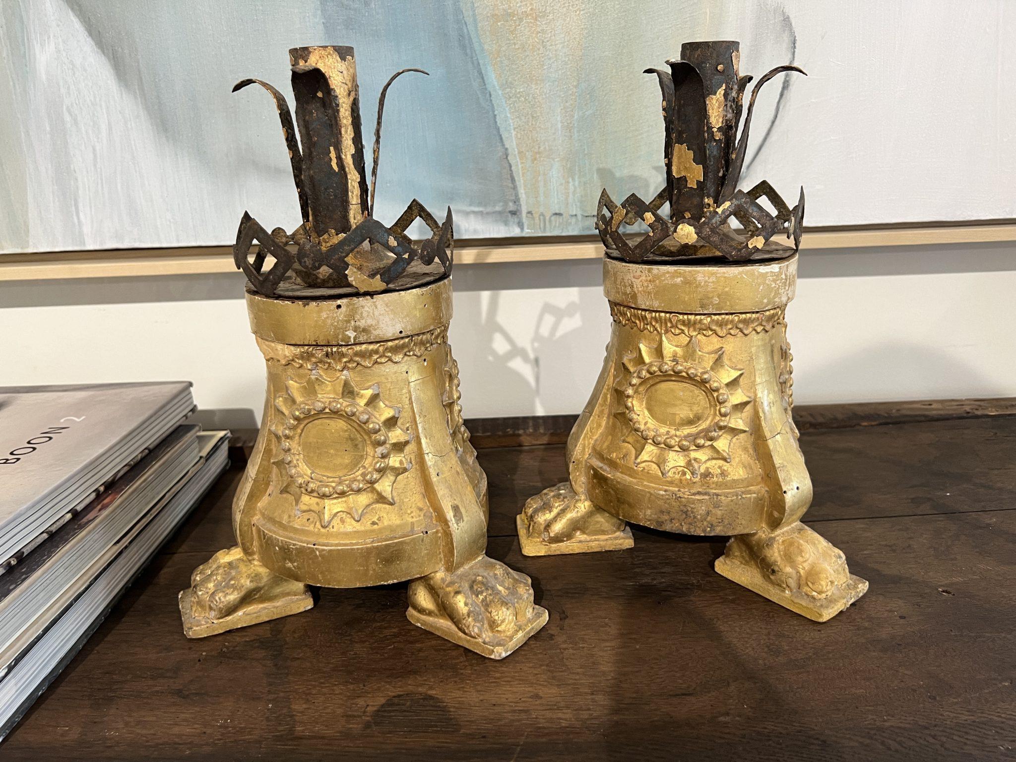 Pair of 18c Wood/Tole Candlesticks In Fair Condition For Sale In New Orleans, LA