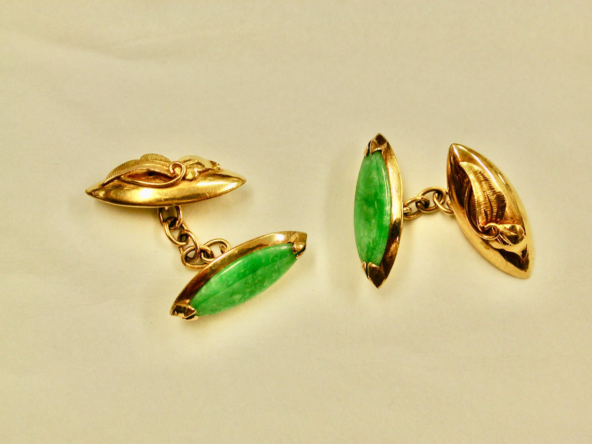 Pair Of 18Ct Gold & Jade Cufflinks Made In Hong Kong Circa 1920
Lovely quality jade with nice oriental leafwork.