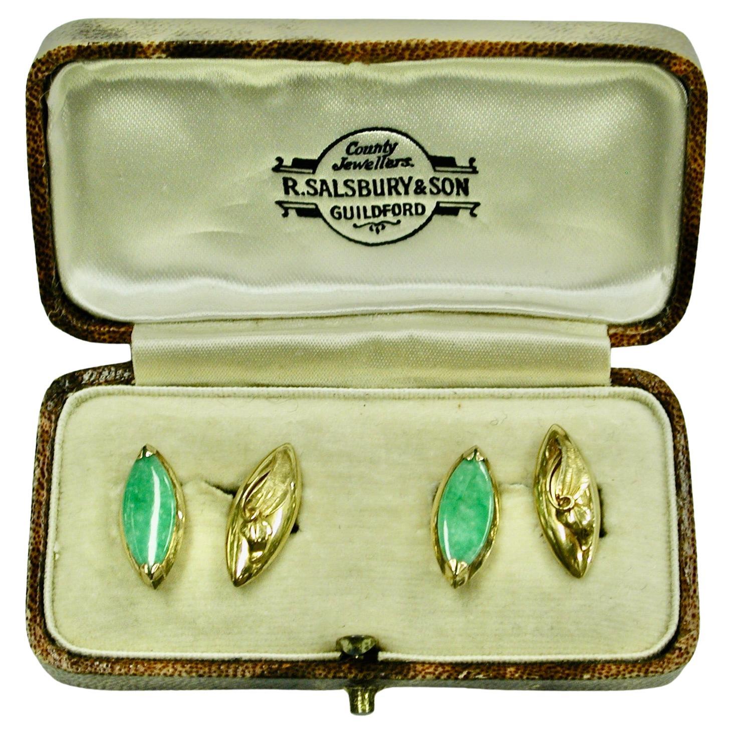 Par De Gemelos De Oro De 18 Quilates Y Jade Fabricados En Hong Kong Circa 1920 en venta