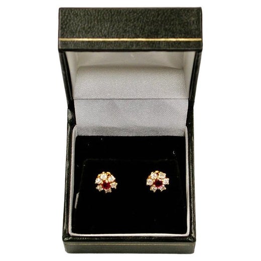 Pair Of 18ct Gold Ruby & Diamond Cluster Earrings Dated 1990