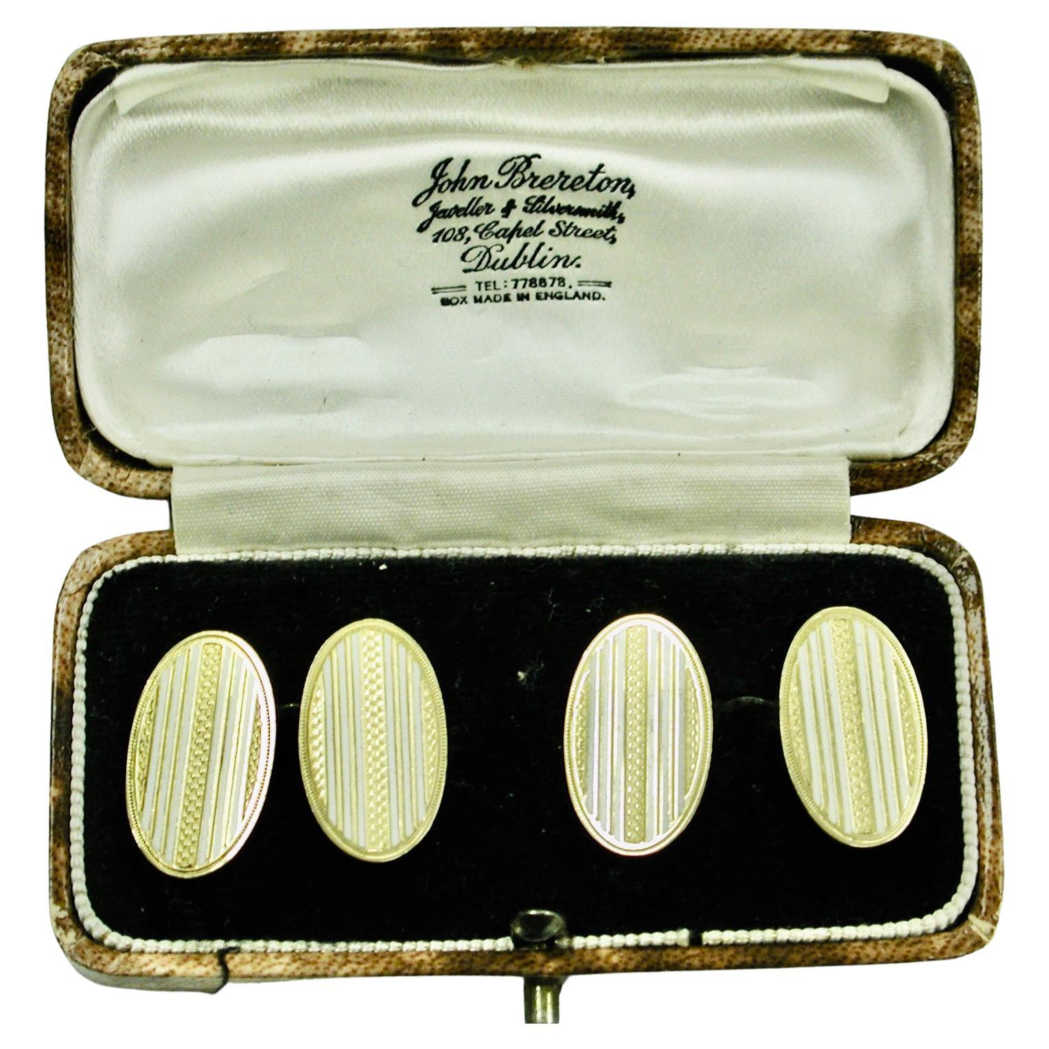 Pair Of 18ct Gold & White Enamel Engine Turned Cufflinks 1925 London
Heavy quality pair of cufflinks in very good order,made by Frederick Coulthurst.