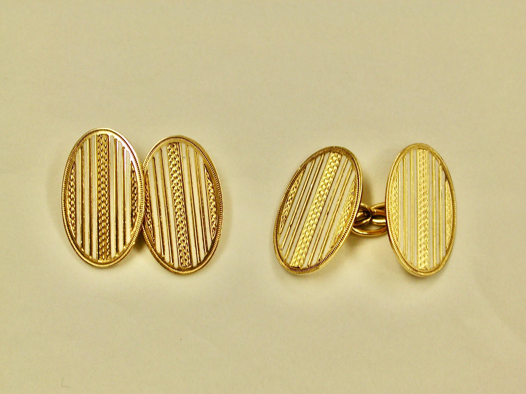 Art Deco Pair of 18 Carat Gold & White Enamel Engine Turned Cufflinks 1925 London