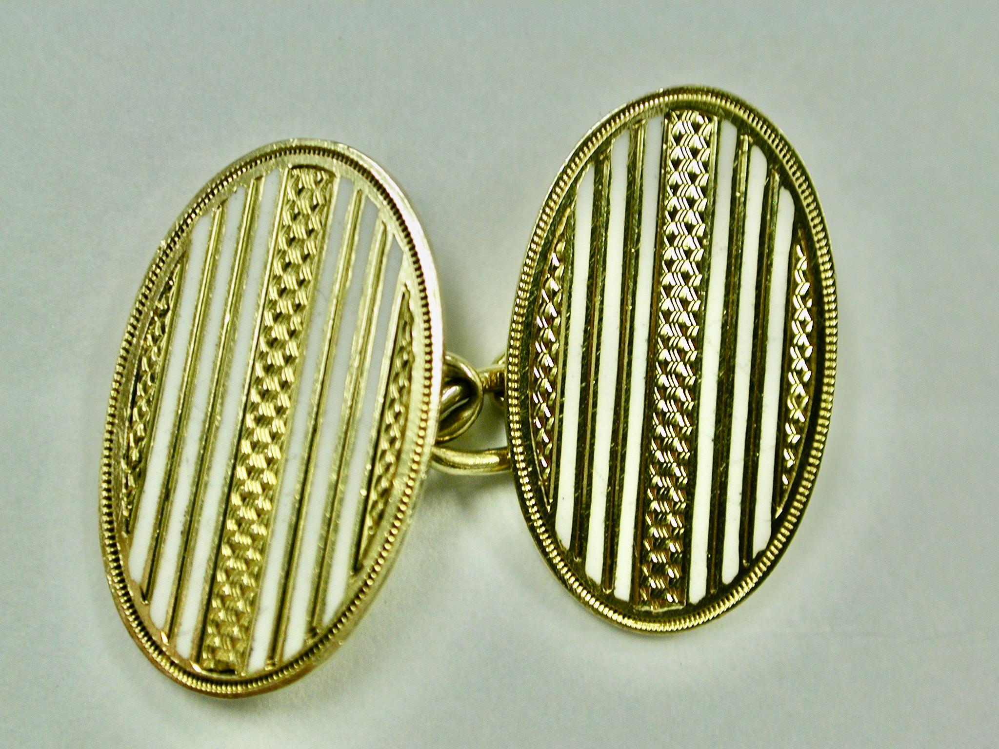 Men's Pair of 18 Carat Gold & White Enamel Engine Turned Cufflinks 1925 London