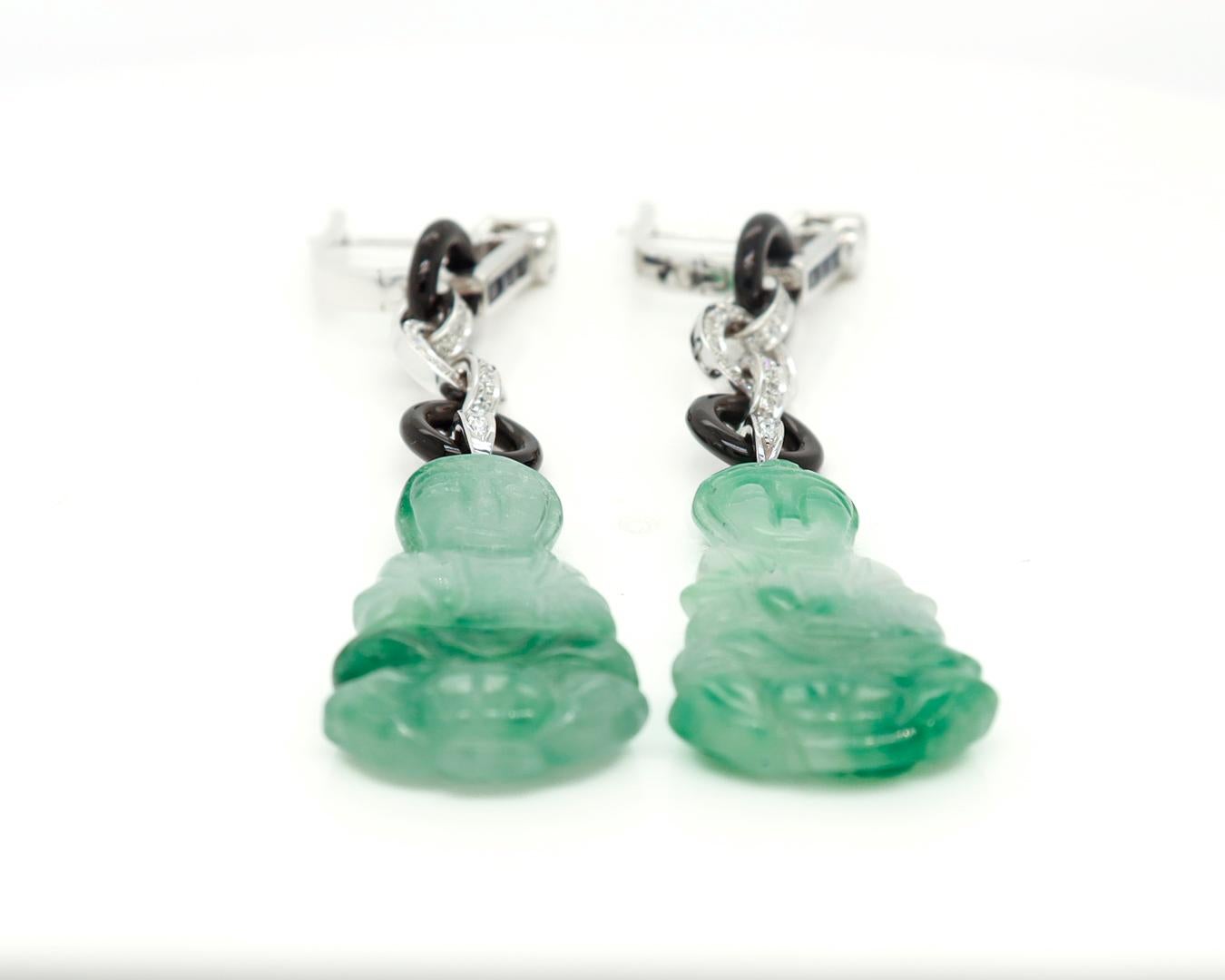 Pair of 18K Art Deco Style Jade, Onyx, Diamond, and Sapphire Dangle Earrings For Sale 6