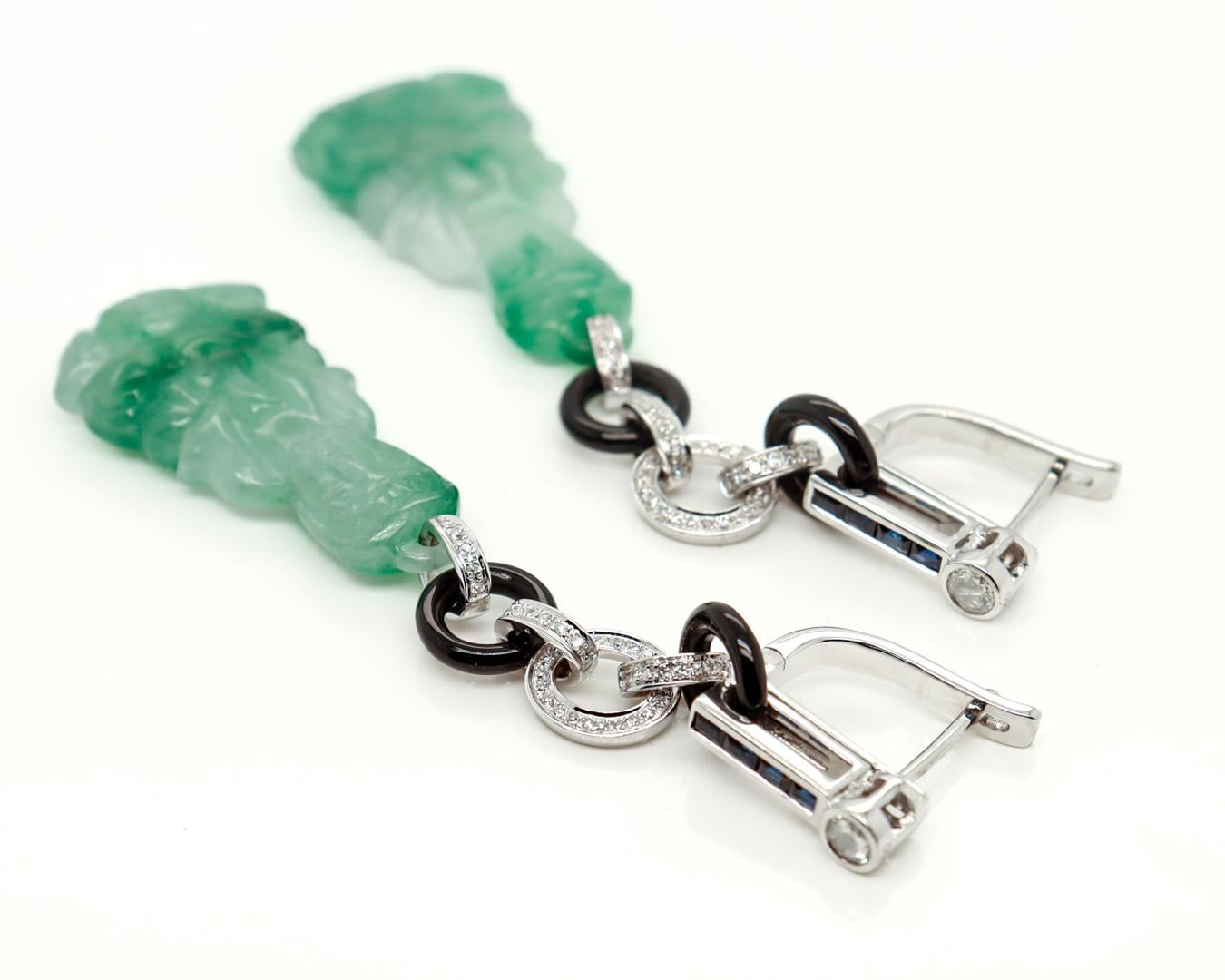 Pair of 18K Art Deco Style Jade, Onyx, Diamond, and Sapphire Dangle Earrings For Sale 7
