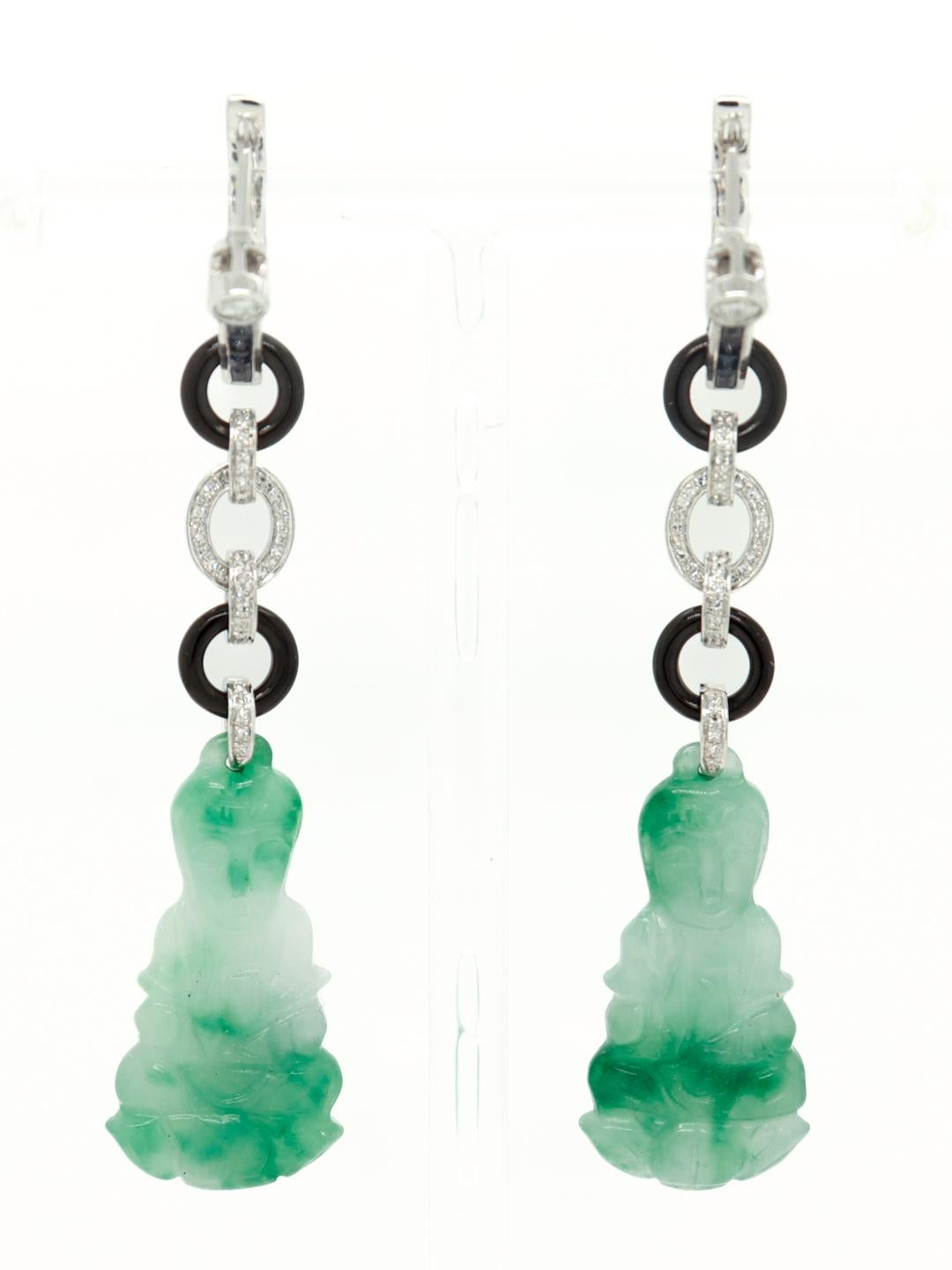 Pair of 18K Art Deco Style Jade, Onyx, Diamond, and Sapphire Dangle Earrings For Sale 9