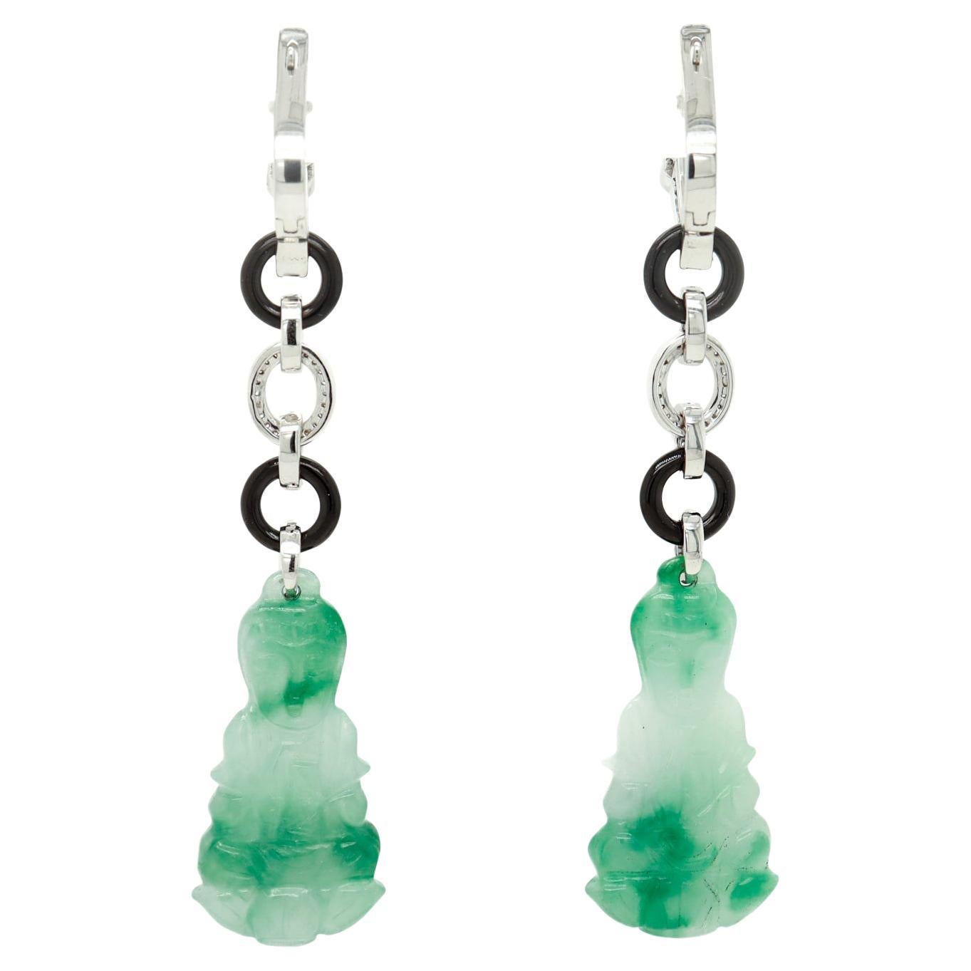 Round Cut Pair of 18K Art Deco Style Jade, Onyx, Diamond, and Sapphire Dangle Earrings For Sale