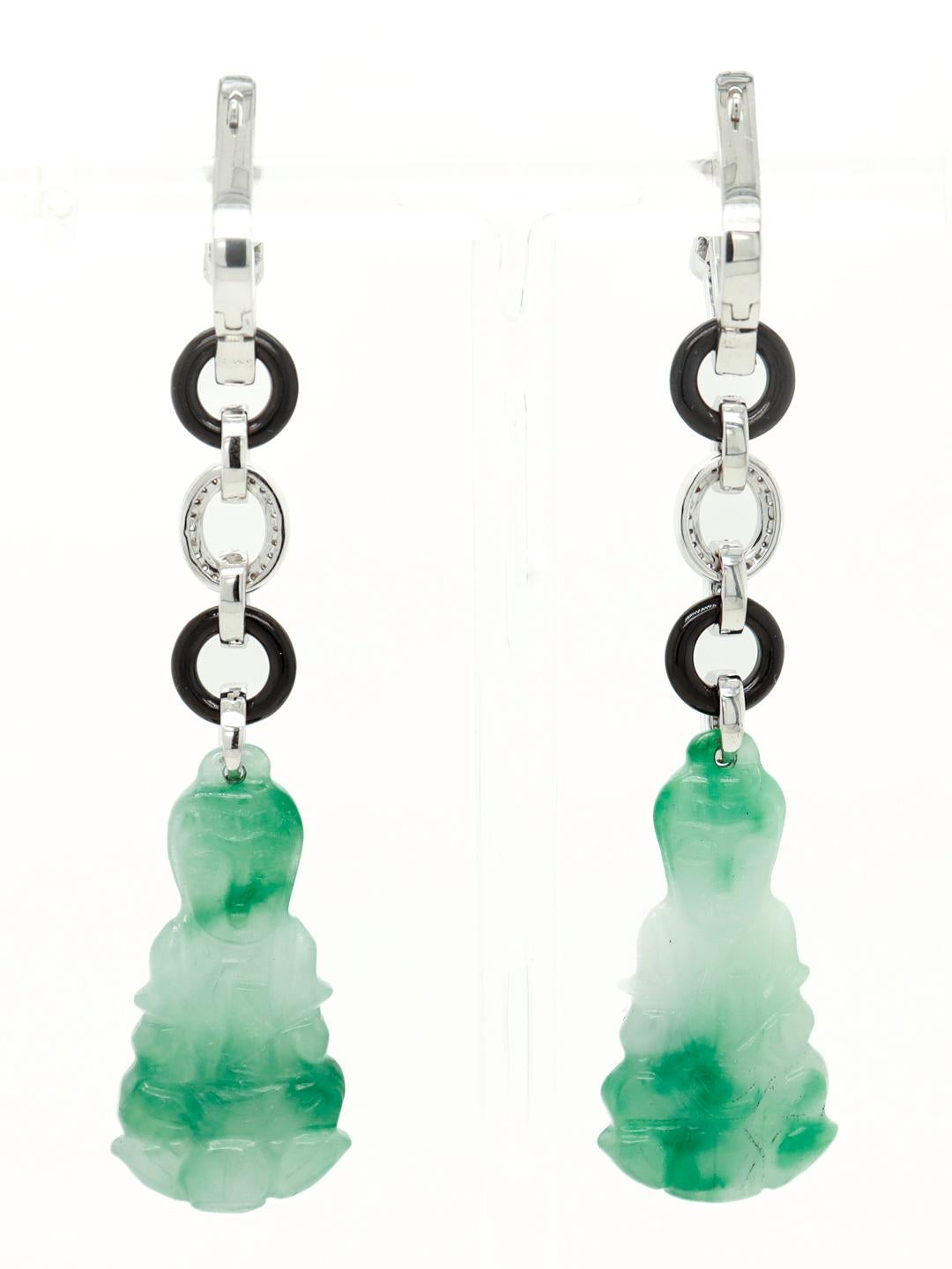 Pair of 18K Art Deco Style Jade, Onyx, Diamond, and Sapphire Dangle Earrings In Good Condition For Sale In Philadelphia, PA