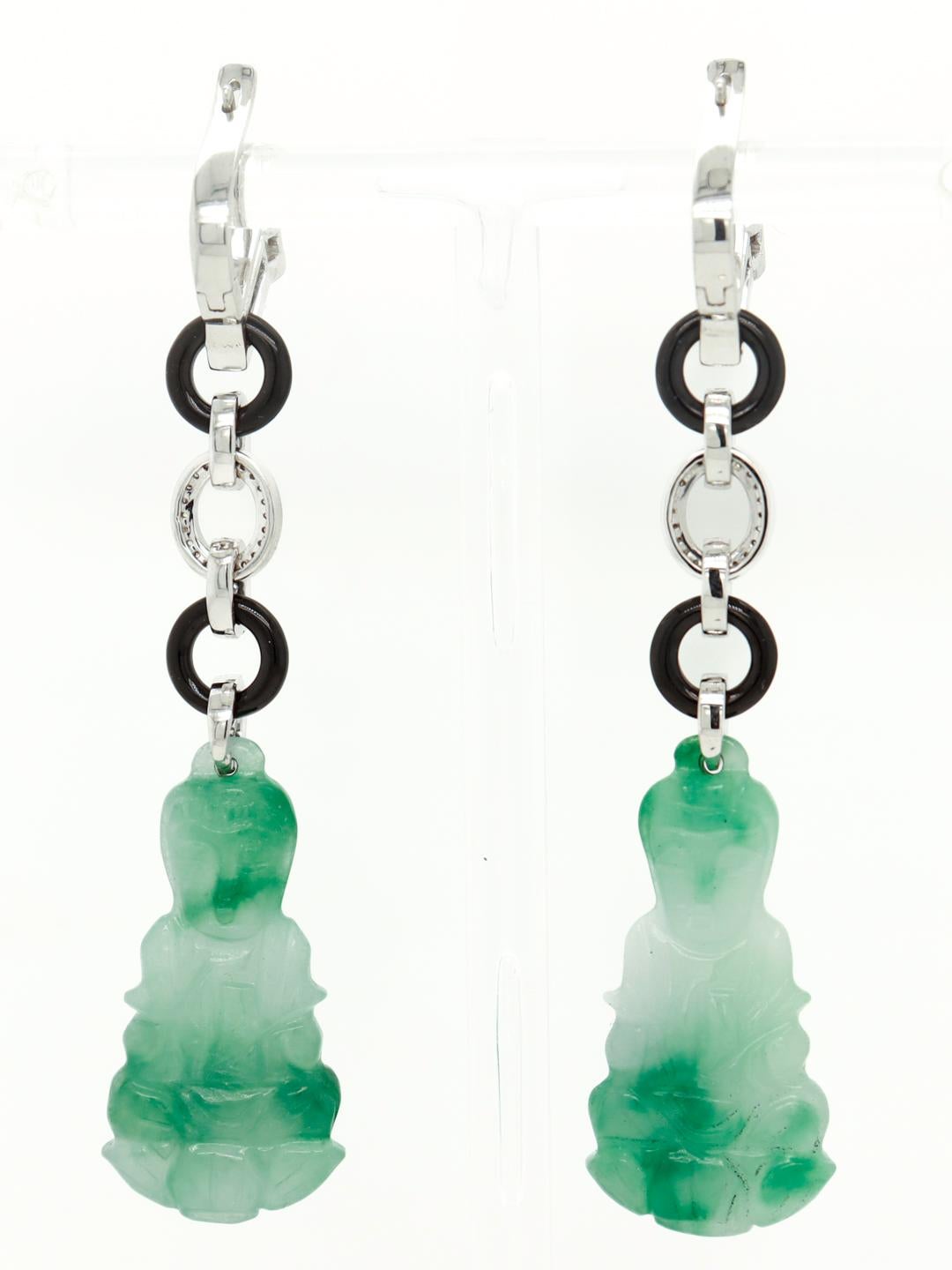 Women's Pair of 18K Art Deco Style Jade, Onyx, Diamond, and Sapphire Dangle Earrings For Sale