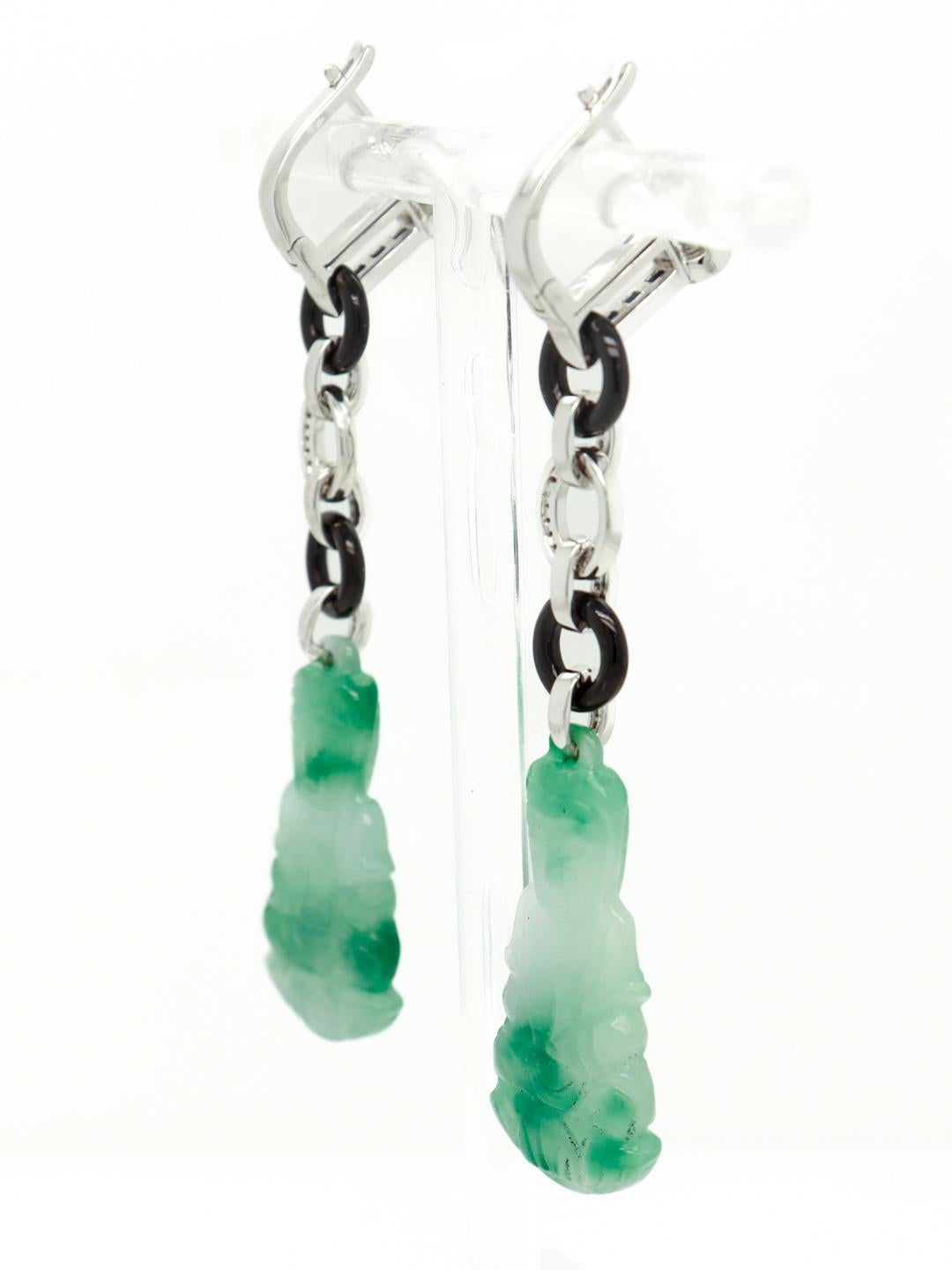 Pair of 18K Art Deco Style Jade, Onyx, Diamond, and Sapphire Dangle Earrings For Sale 1