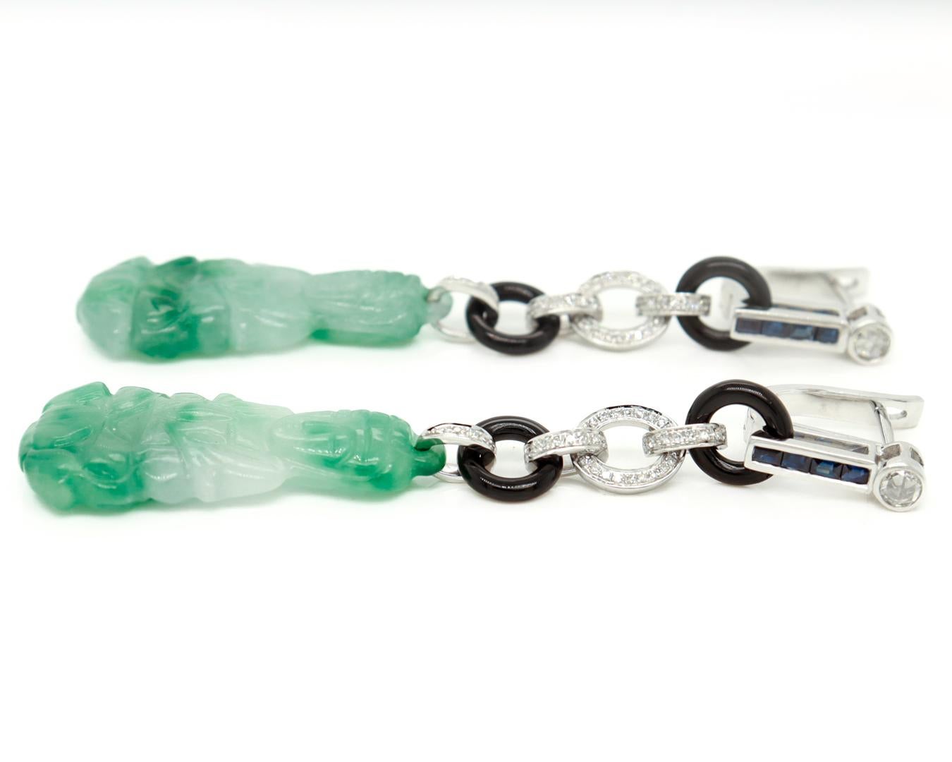 Pair of 18K Art Deco Style Jade, Onyx, Diamond, and Sapphire Dangle Earrings For Sale 3