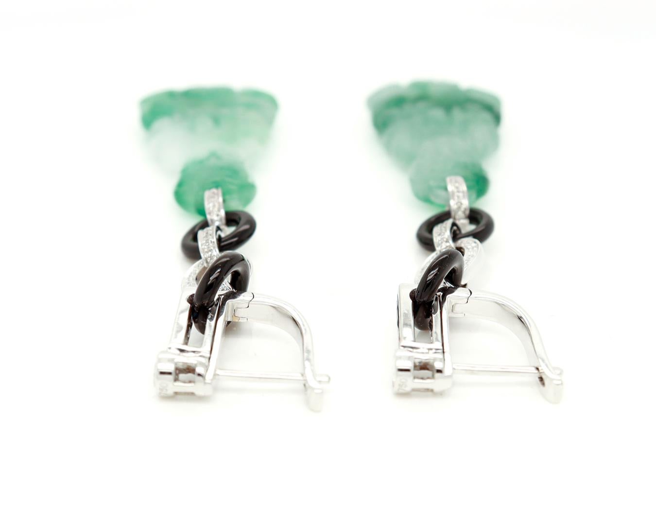Pair of 18K Art Deco Style Jade, Onyx, Diamond, and Sapphire Dangle Earrings For Sale 4