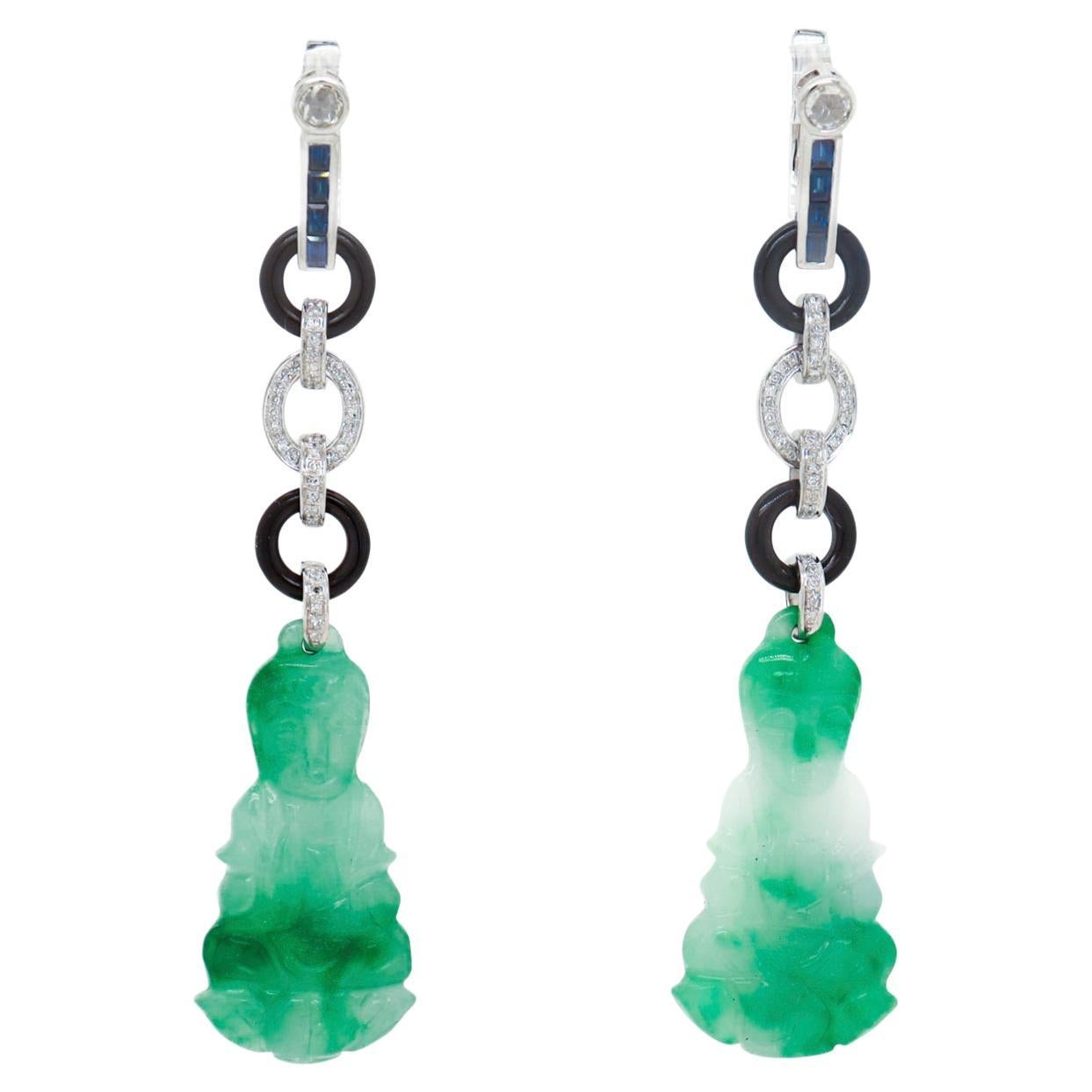 Pair of 18K Art Deco Style Jade, Onyx, Diamond, and Sapphire Dangle Earrings For Sale