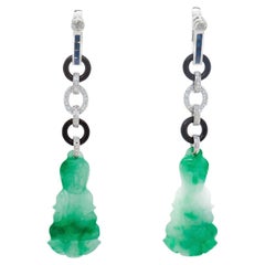 Pair of 18K Art Deco Style Jade, Onyx, Diamond, and Sapphire Dangle Earrings