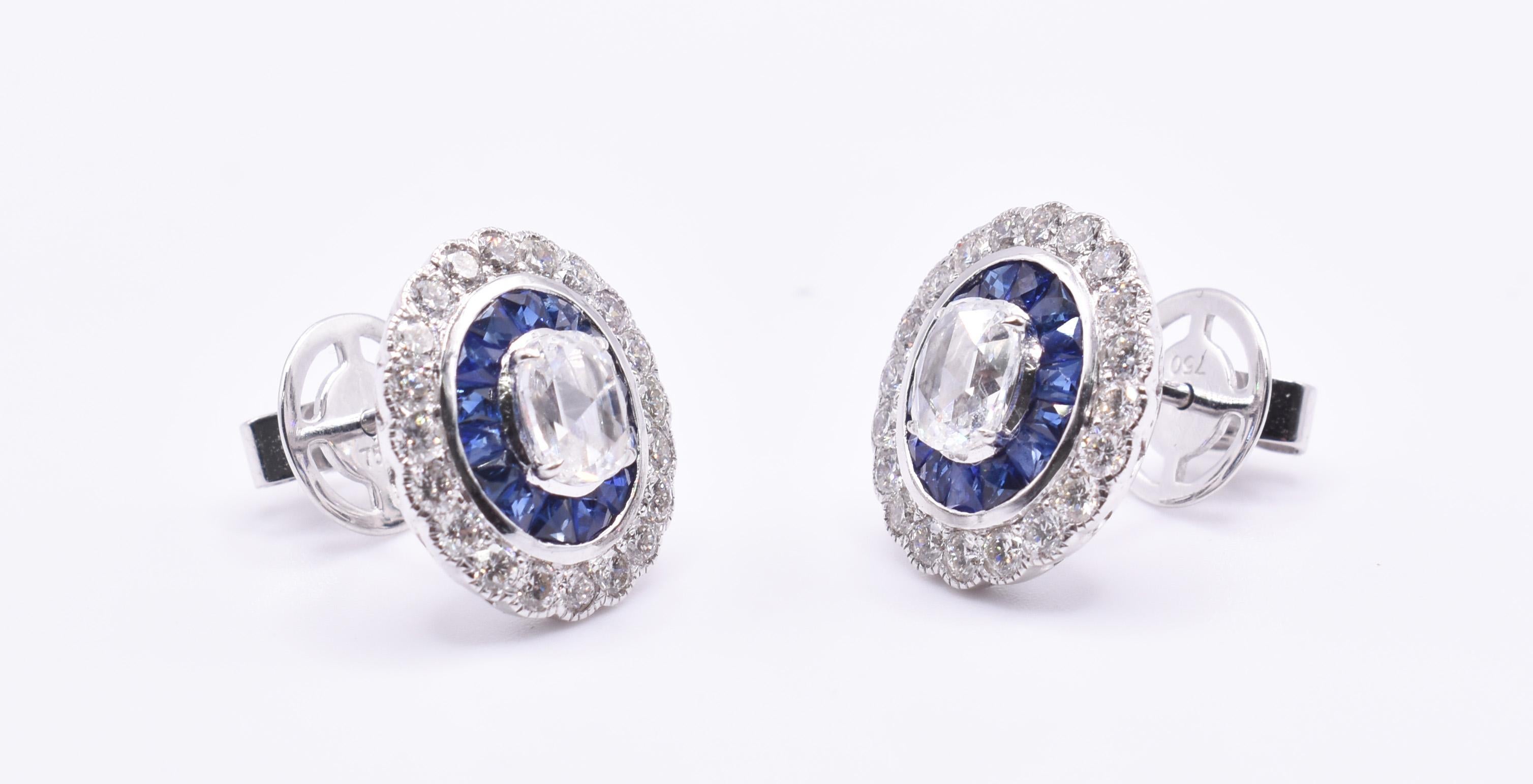 Rose Cut Pair of 18k Art Deco Style White Gold Diamond and Sapphire Stud Earrings For Sale