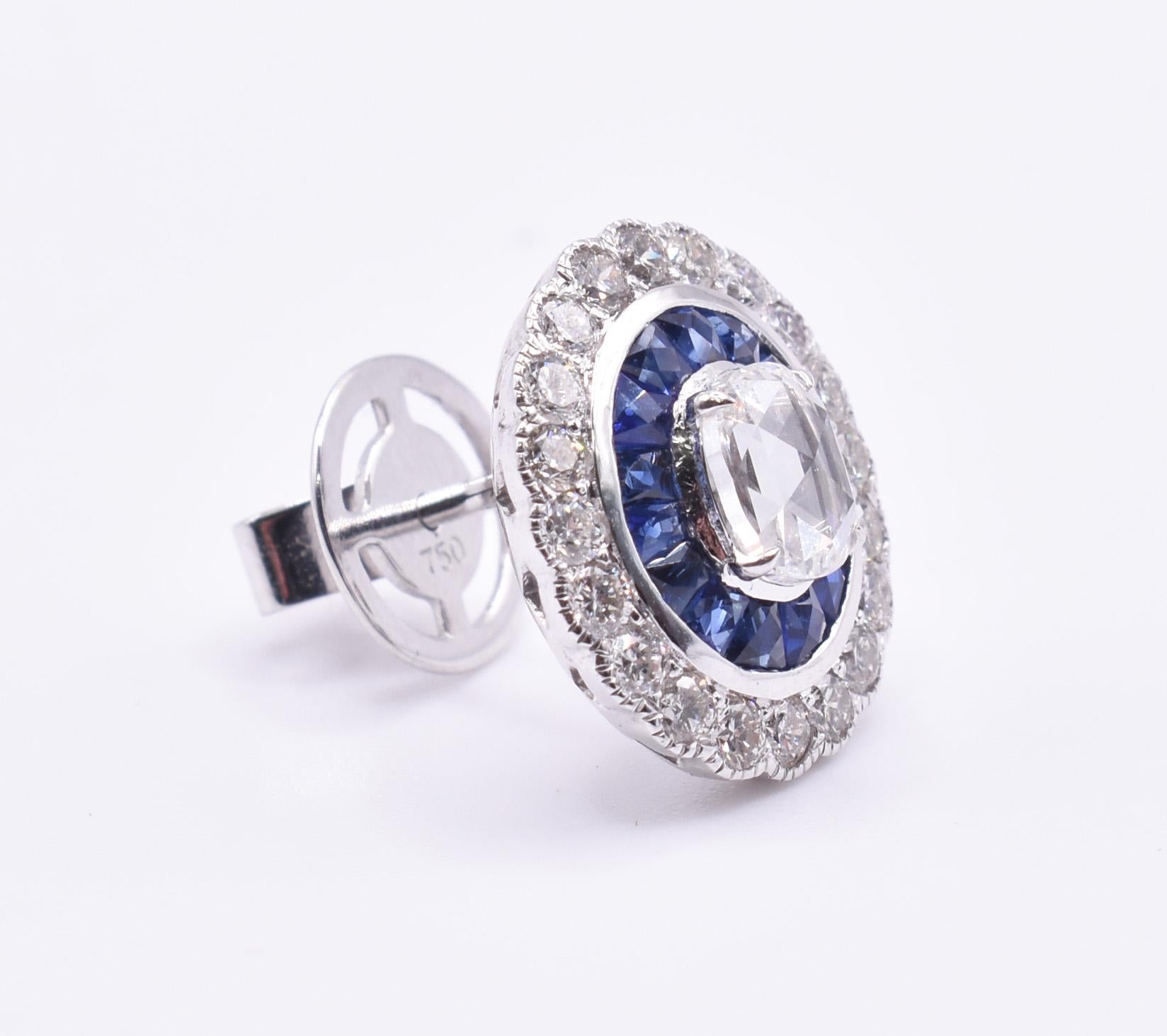 Pair of 18k Art Deco Style White Gold Diamond and Sapphire Stud Earrings In New Condition For Sale In Chelmsford, GB