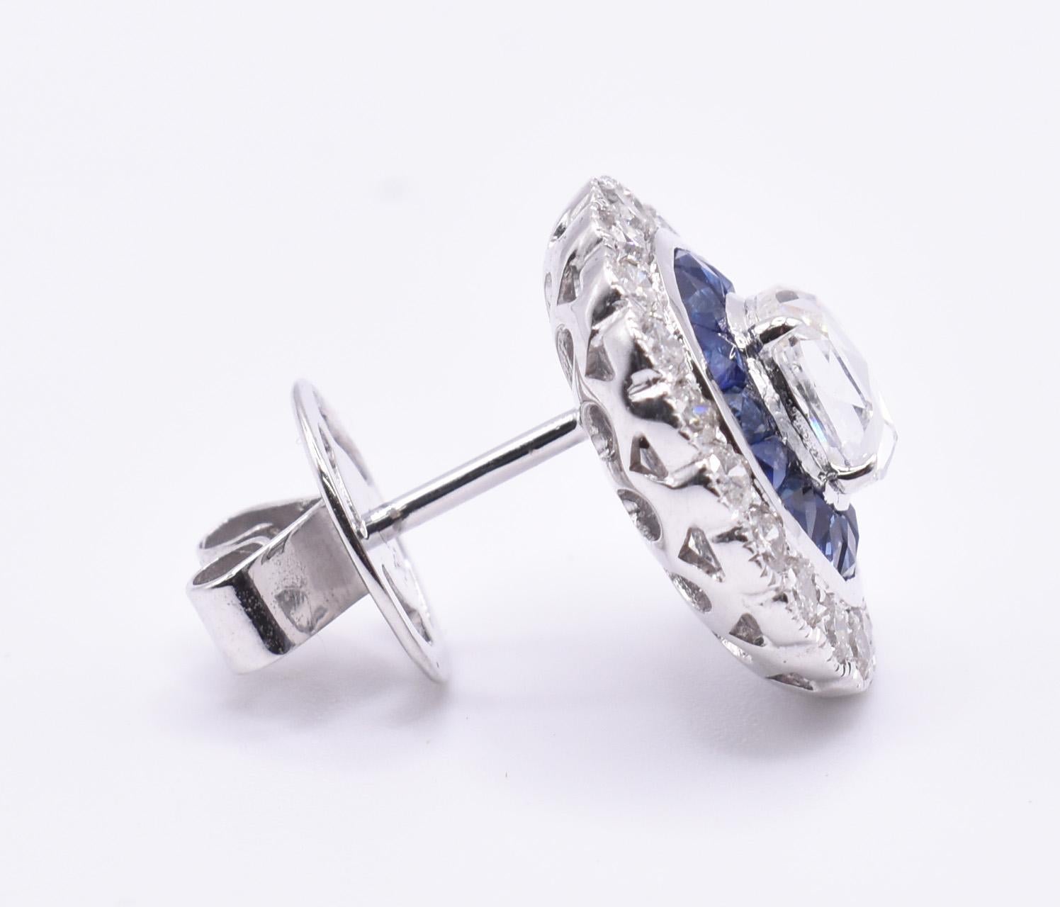 Women's Pair of 18k Art Deco Style White Gold Diamond and Sapphire Stud Earrings For Sale