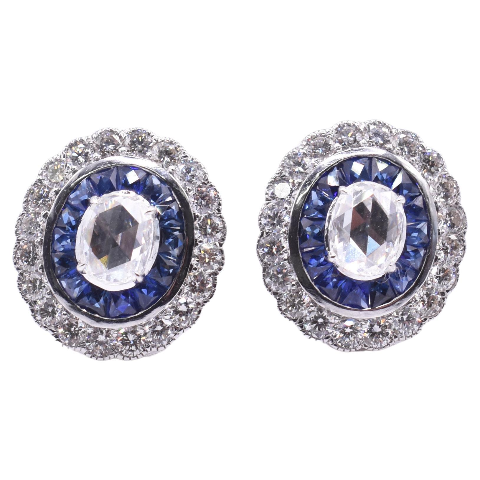 Pair of 18k Art Deco Style White Gold Diamond and Sapphire Stud Earrings