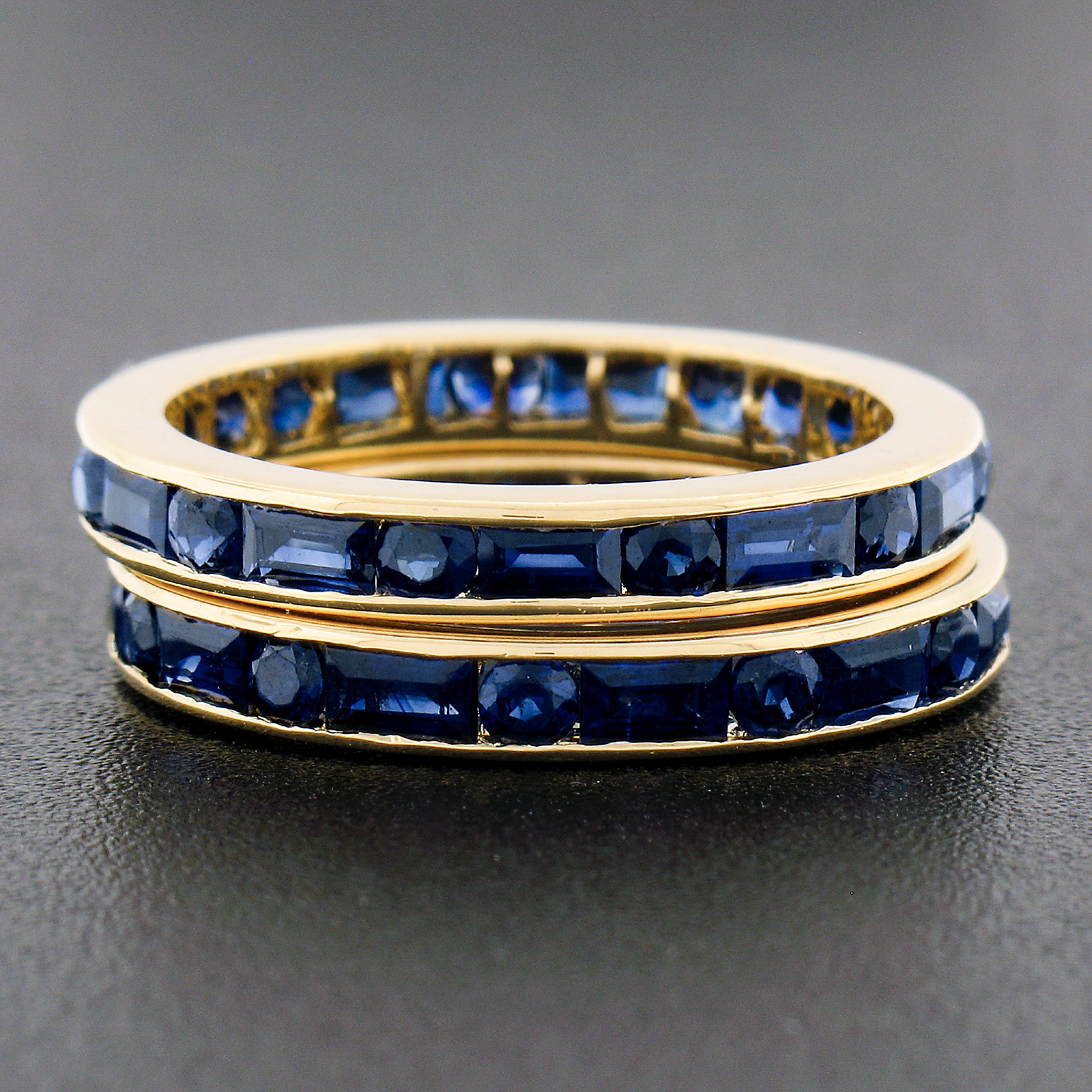 Round Cut Pair of 18k Gold 4.4ctw Channel Set GIA Sapphire Eternity Stack Band Guard Rings For Sale
