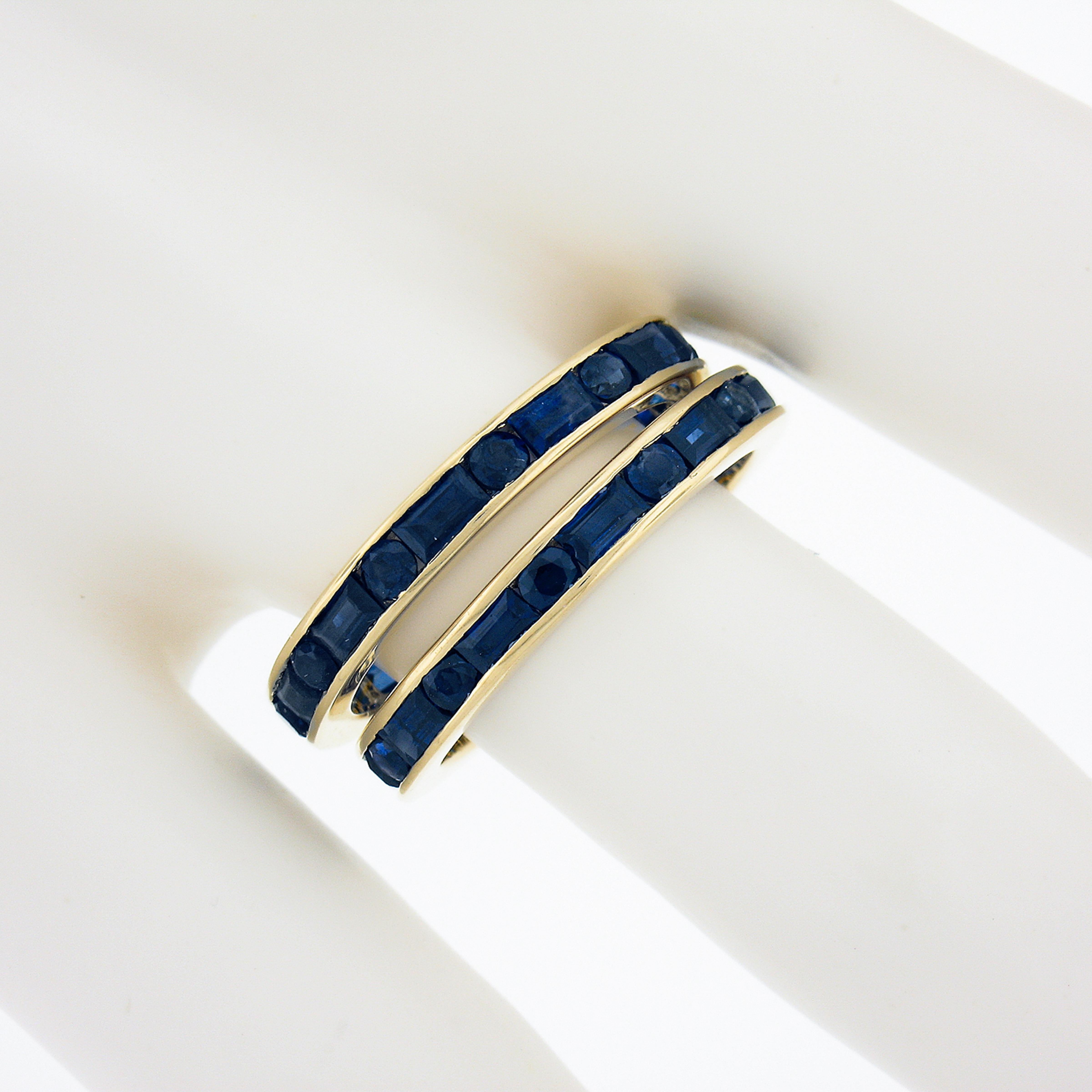 Pair of 18k Gold 4.4ctw Channel Set GIA Sapphire Eternity Stack Band Guard Rings In Good Condition For Sale In Montclair, NJ